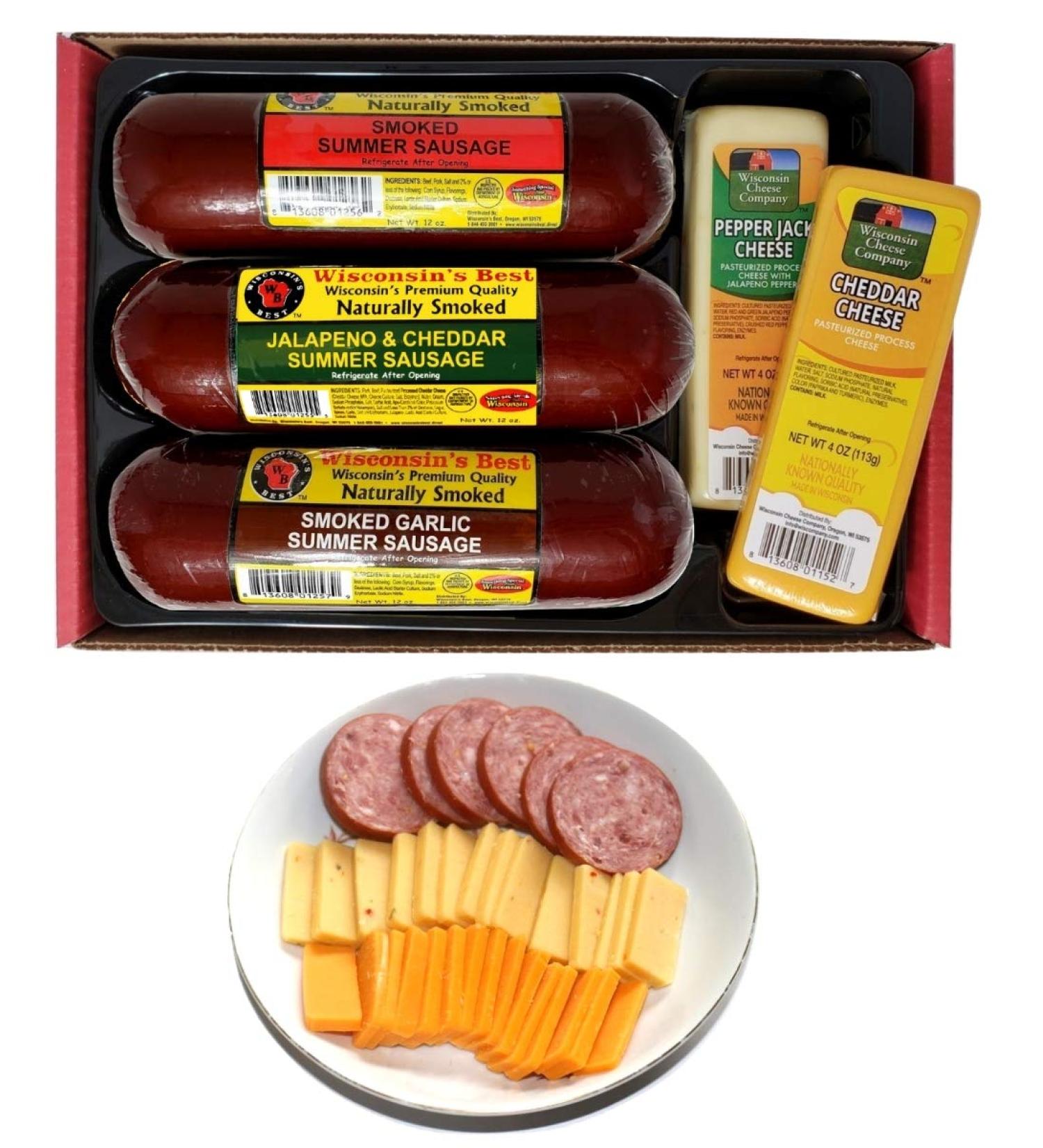Wisconsin's Best Cheese Company Premium Sampler Gift Basket - 100% Cheddar, Garlic Jalapeno & Sausage. Perfect Christmas Gift! - Buy Online on GoSupps.com