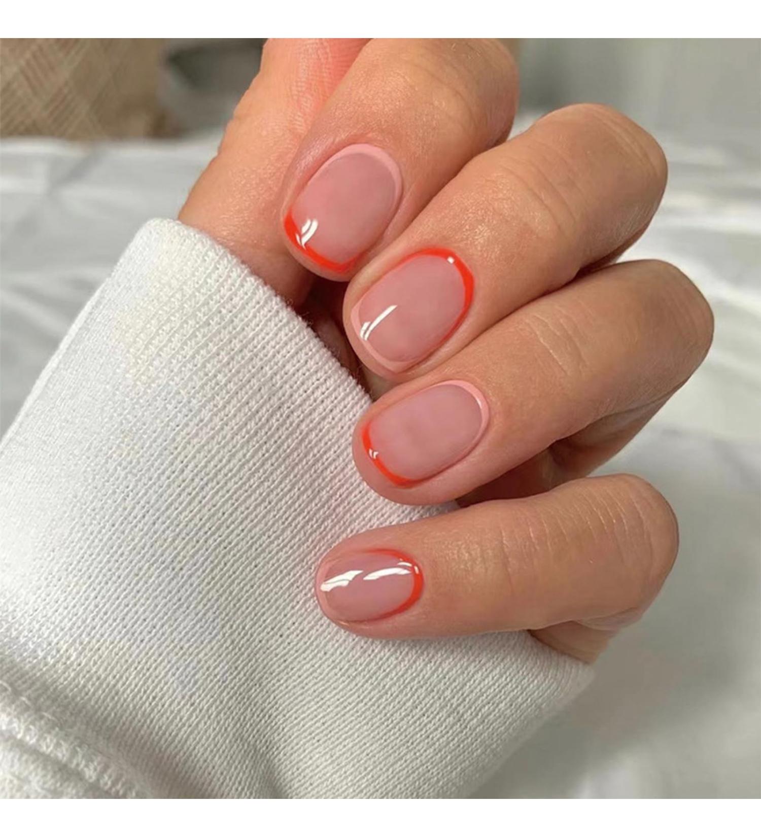 24 Pcs Short French Pattern False Nails with Red Line Design - Press On Nails with Glue - Acrylic Full Cover Stick on Nails for Women and Girls - Buy Online on GoSupps.com