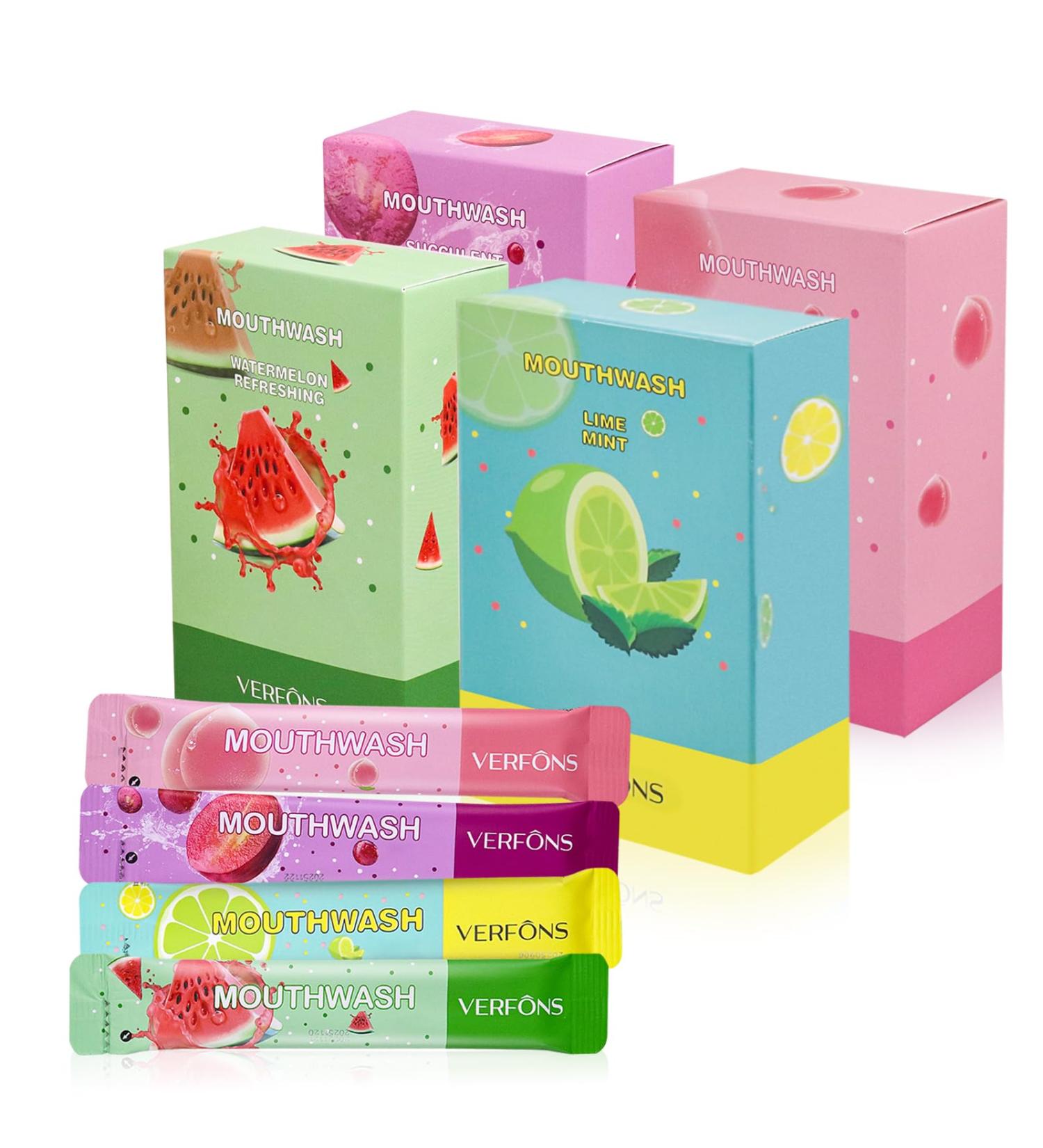 Mini Mouthwash - Portable Travel Size Breath Freshener (0.35fl.oz) - Individually Packaged in Watermelon Grape Mint Peach Flavors - 80 Pieces for Work Travel and Dates - Buy Online on GoSupps.com