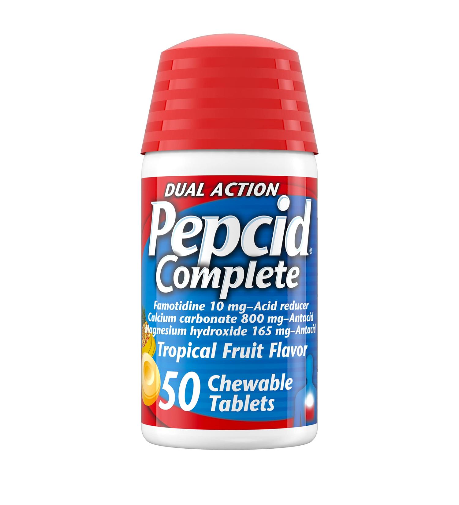 Buy Pepcid Complete Acid Reducer + Antacid Chewables - 10 mg Famotidine 800 mg Calcium Carbonate Tropical Fruit - 50 Ct - Heartburn Relief Fast Shipping Worldwide - Buy Online on GoSupps.com