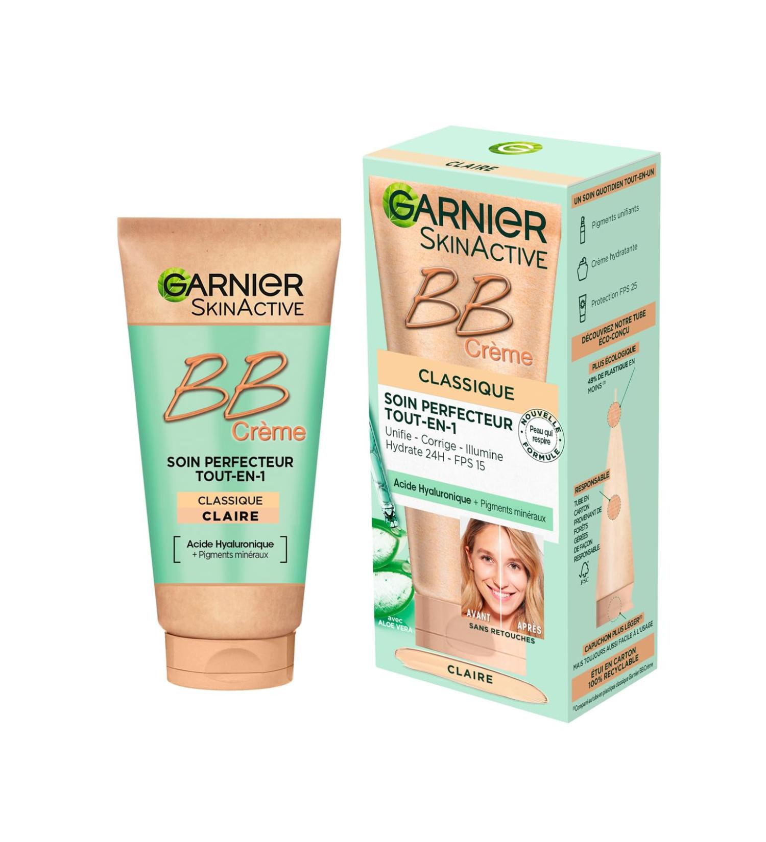Garnier - BB Cr me Classique - Soin Perfecteur Tout-en-1 Anti-Imperfections - FPS 15 - Enrichi en Acide Hyaluronique & Aloe Vera - Pour Tous Types de Peaux - Teinte : Claire - Skin Active - 50 ml Ancien pack leger - Buy Online on GoSupps.com