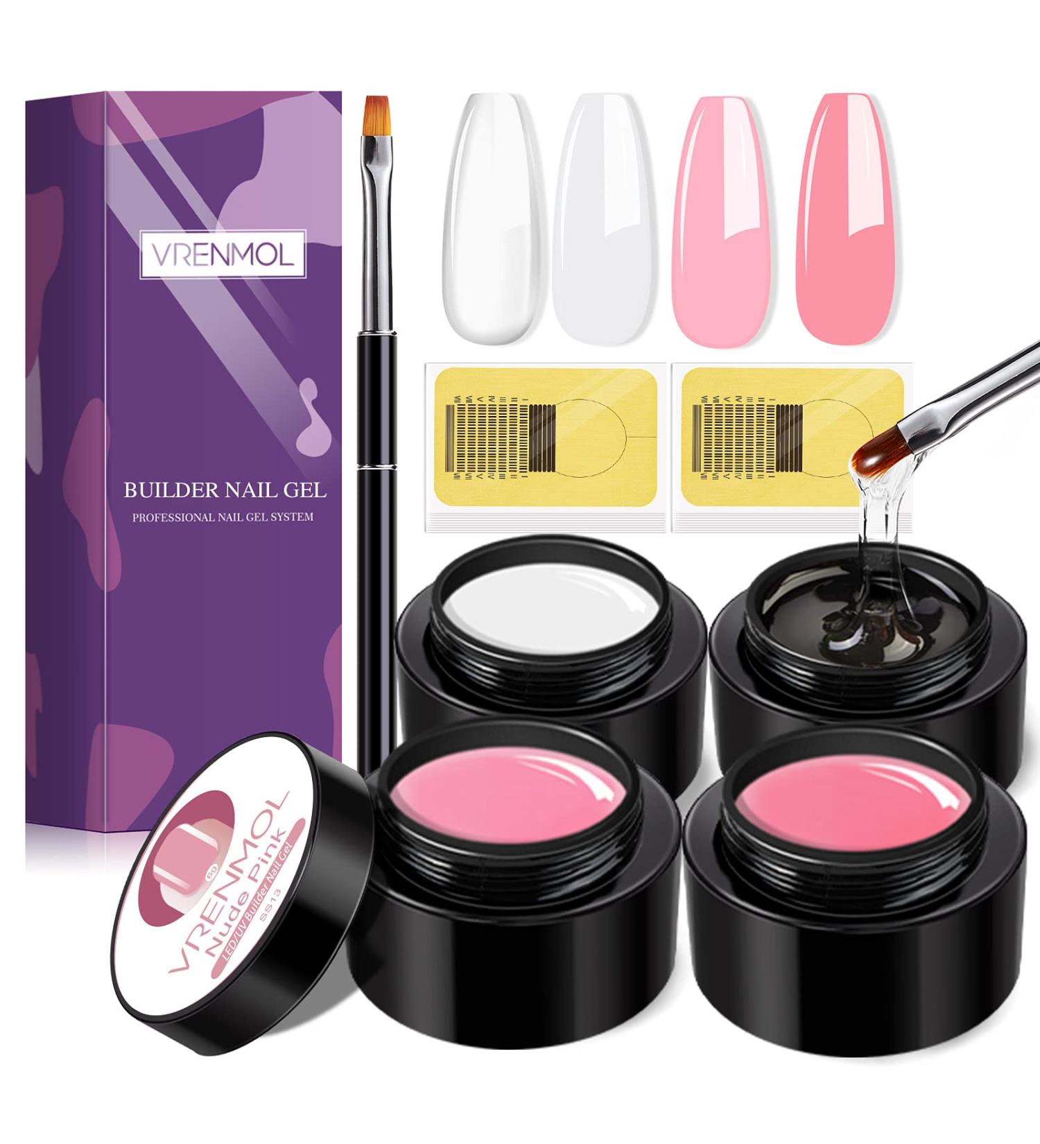 Vrenmol 4 Colors Builder Nail Gel Kit with 100 Pcs Forms and Brush - Nail Extension Gel Set for Manicure - Clear, Pink, White, Nude Gel Art - Buy Online on GoSupps.com