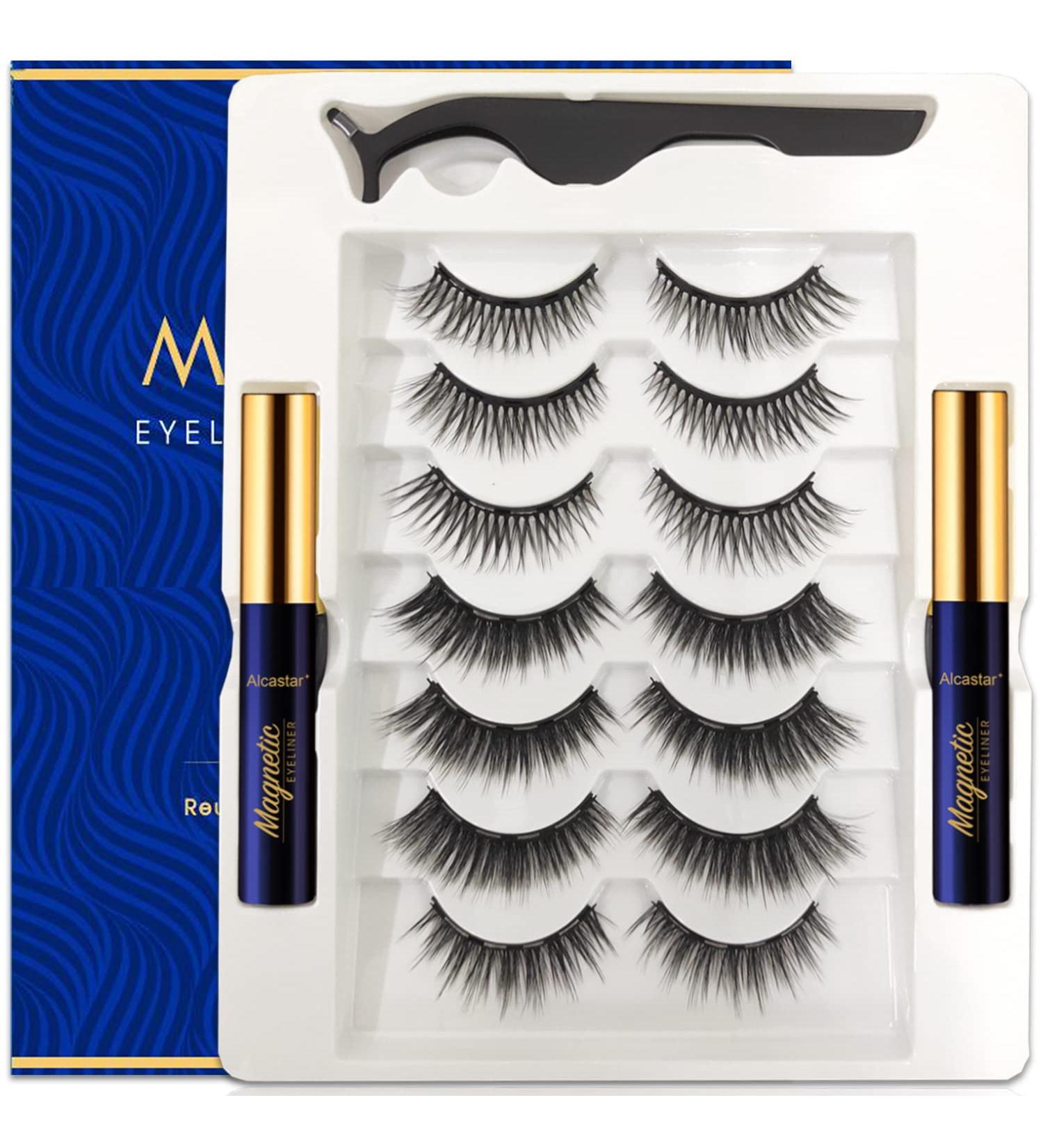 Alcastar Magnetic Eyelashes Kit - Natural, Reusable, Waterproof Magnetic Lashes with Applicator - Cruelty-Free - Long Lasting - 7 Pairs + 2 Tubes - Buy Online on GoSupps.com