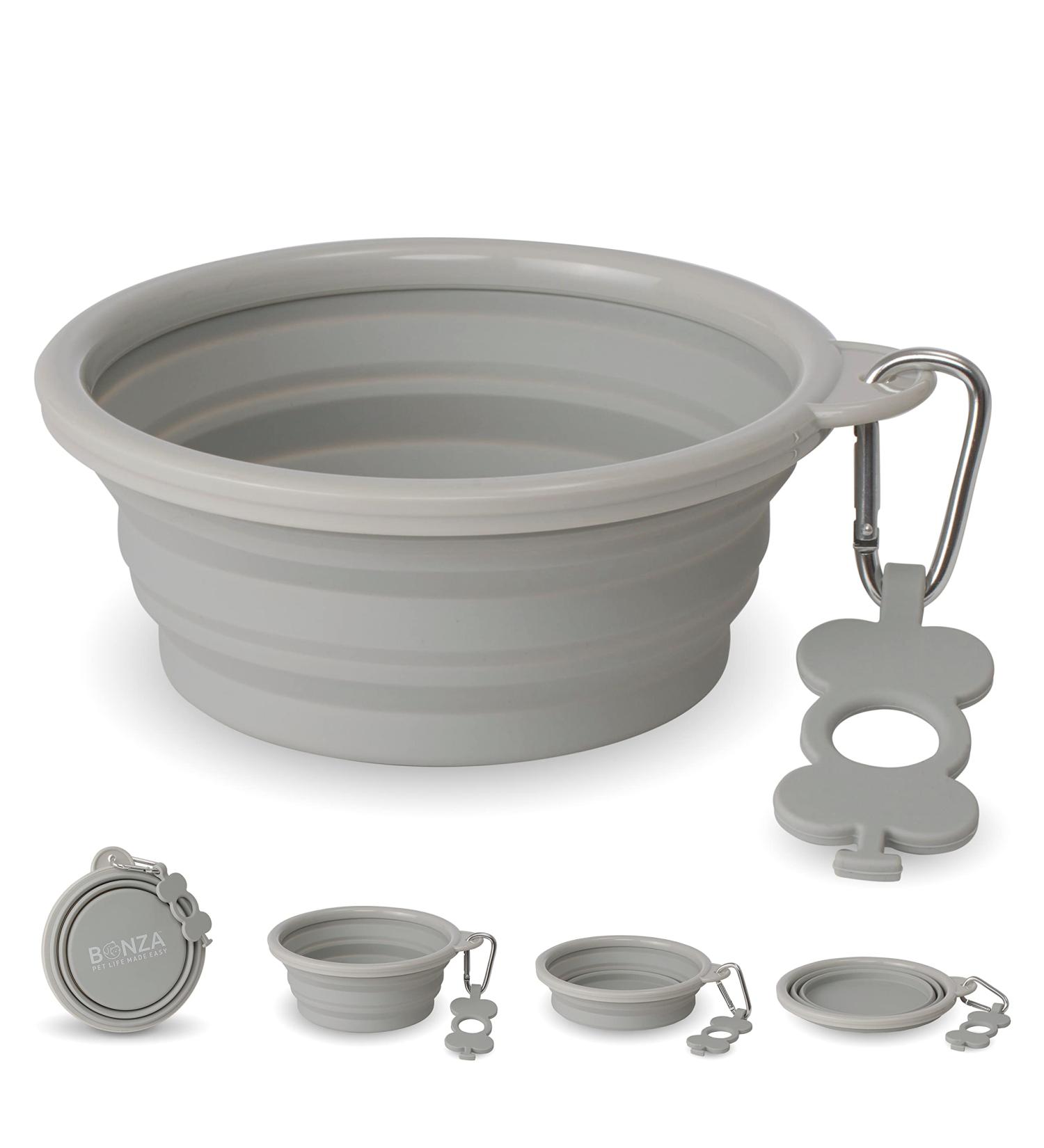 Bonza Large Foldable Dog Bowl 1000 ml - Reinforced Edge Carabiner & Water Bottle Holder - Portable Light Gray Pet Accessory for Travel - Buy Online on GoSupps.com