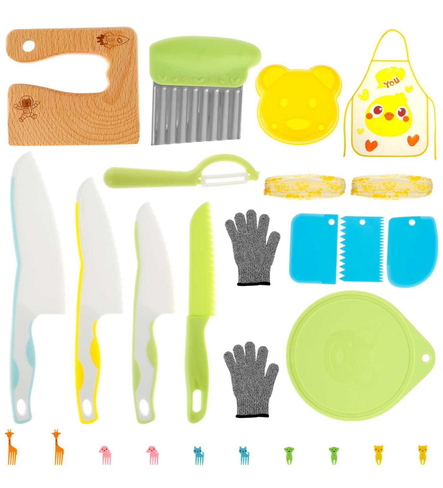 Abizarch 25Pcs Kids Cooking Set Safe Kids Kitchen Cutter Set Montessori Kitchen Tools with Cutters Potato Chipper Peeler Oversleeves Bear Sandwich Mould Chopping Bboard Gloves Apron Fruits Forks for C Picture money - Buy Online on GoSupps.com