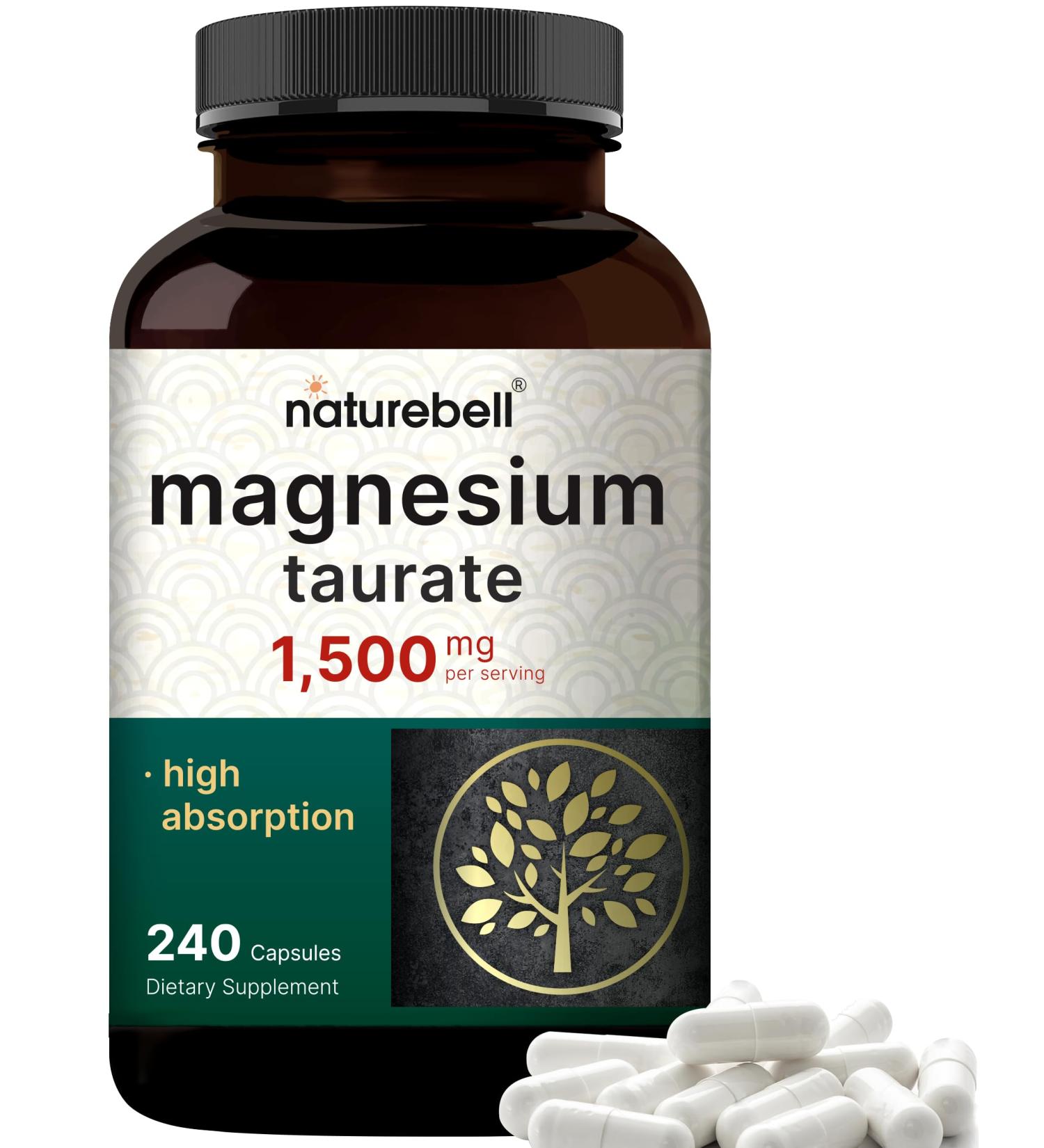 NatureBell Magnesium Taurate 1,500mg 240 Capsules | Chelated for High Absorption | Heart & Nervous System Support | Non-GMO Gluten-Free - Buy Online on GoSupps.com