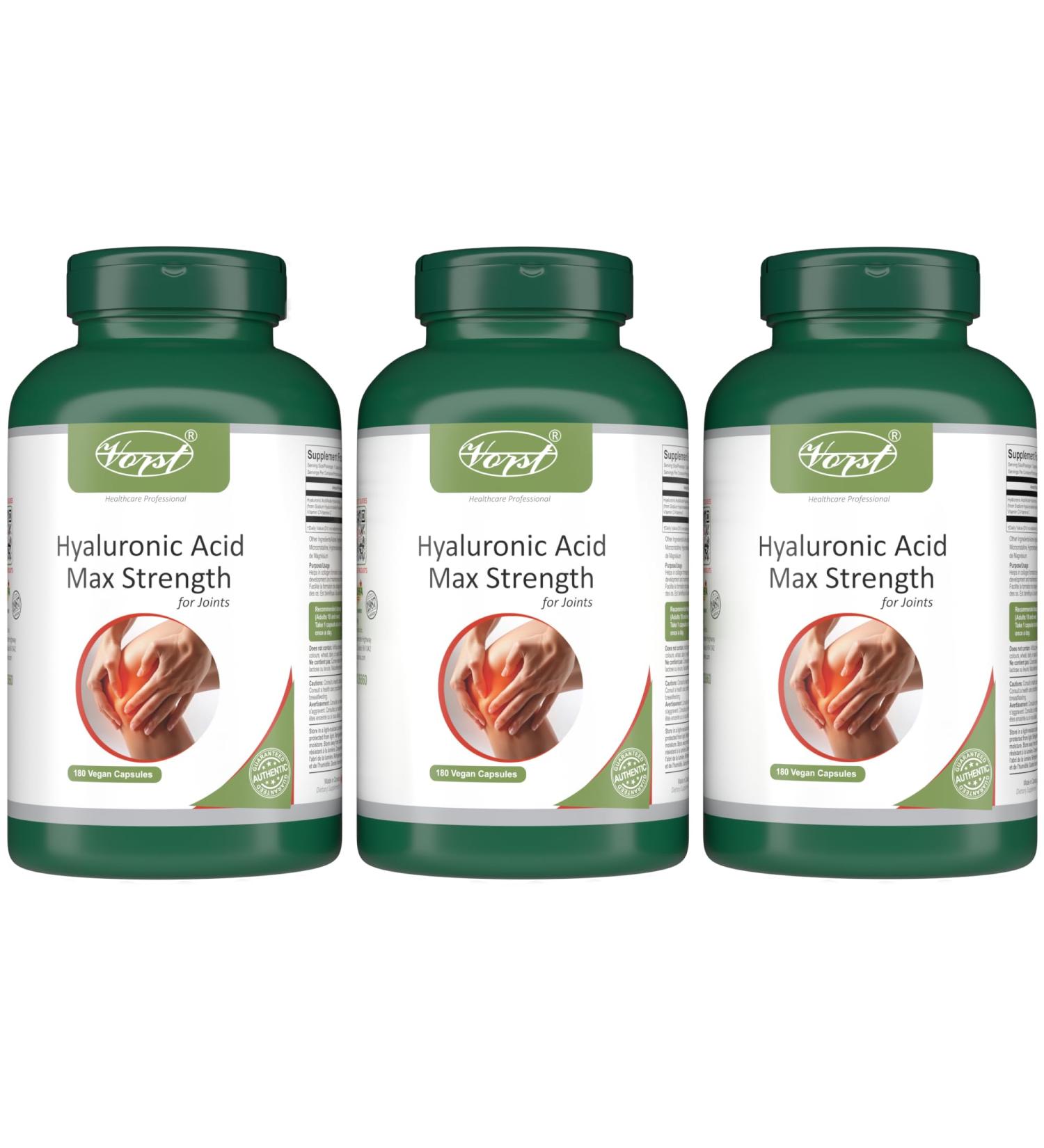 VORST Hyaluronic Acid Max Strength for Joints 3 x 180 Vegan Capsules | High Molecular Weight Supplement | Powder Pills | No Injections | 3 Bottles 540 count (Pack of 1) - Buy Online on GoSupps.com