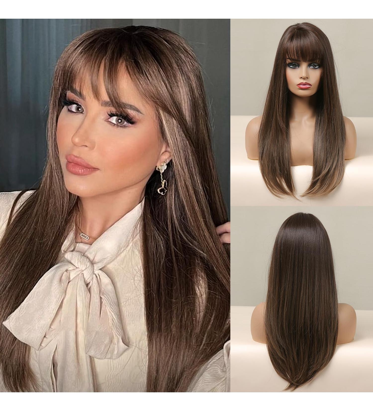 Kellynee Ombre Brown Wig with Bangs - Long Straight Heat Resistant Synthetic Hair for Women - Effortlessly Elegant for Daily Wear and Special Occasions - Buy Online on GoSupps.com