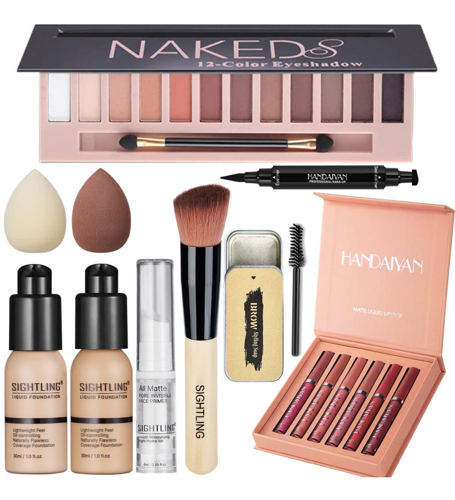Complete Makeup Set for Women: 12 Color Eyeshadow Palette, Foundation, Lipstick, Brush, Sponge, Eyebrow Soap, Eyeliner Stamp - Full Kit - Buy Online on GoSupps.com