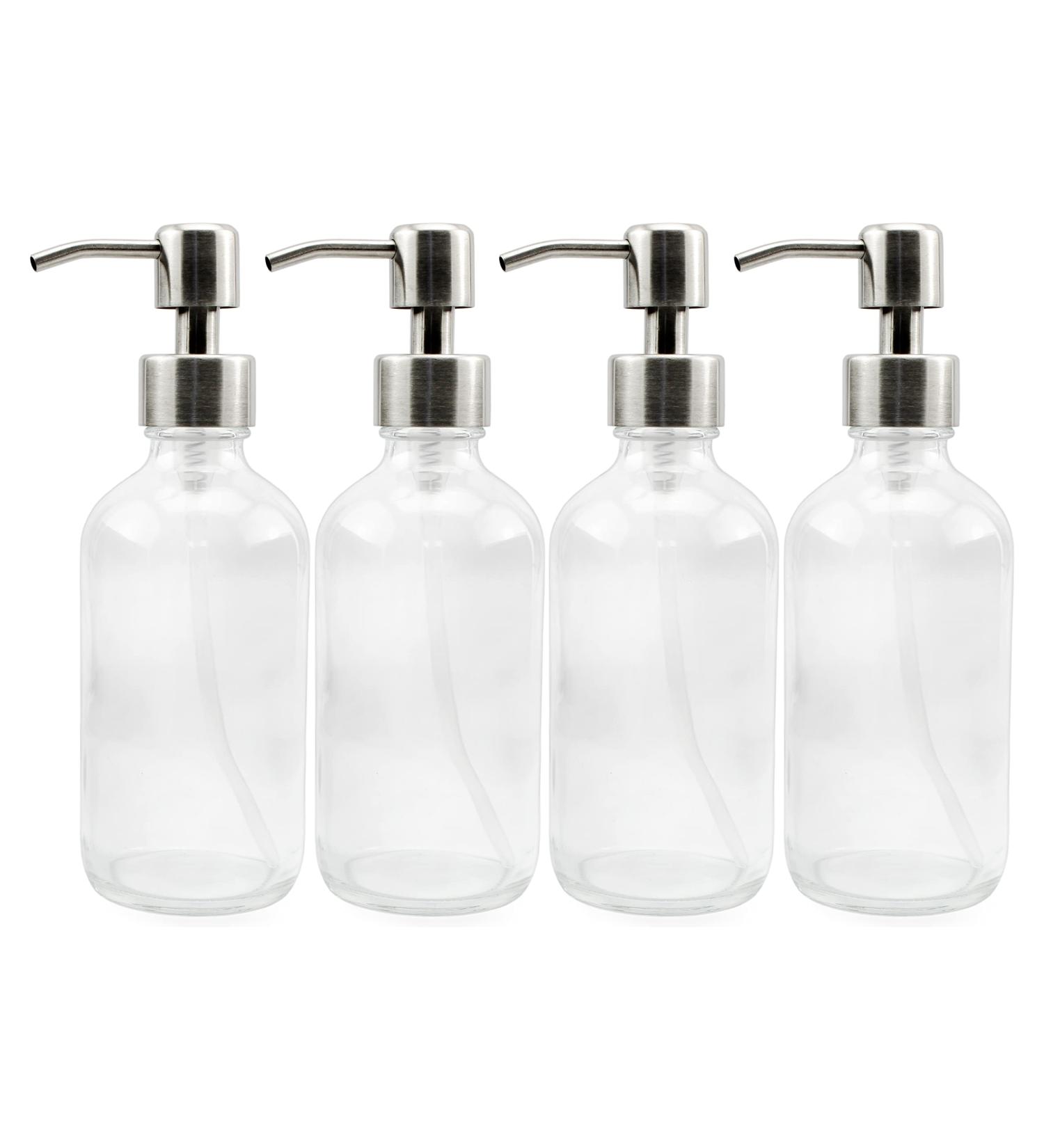 Stainless Steel Lotion Pumps - 8oz Clear Glass Boston Round Bottles (4-Pack) - Buy Online on GoSupps.com