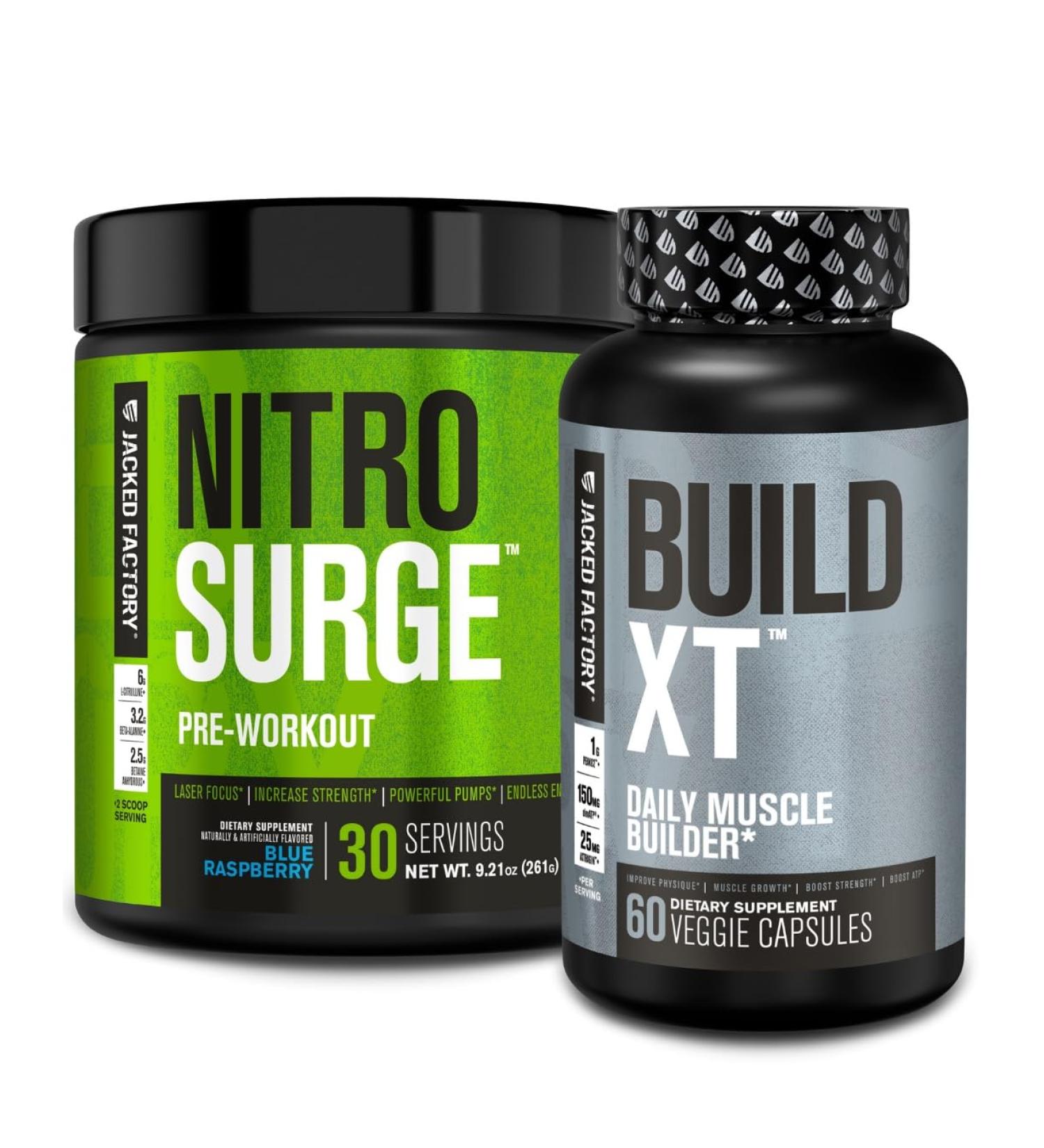 Jacked Factory Nitrosurge Pre-Workout in Blue Raspberry & Build XT Muscle Building Bundle for Men & Women - Buy Online on GoSupps.com