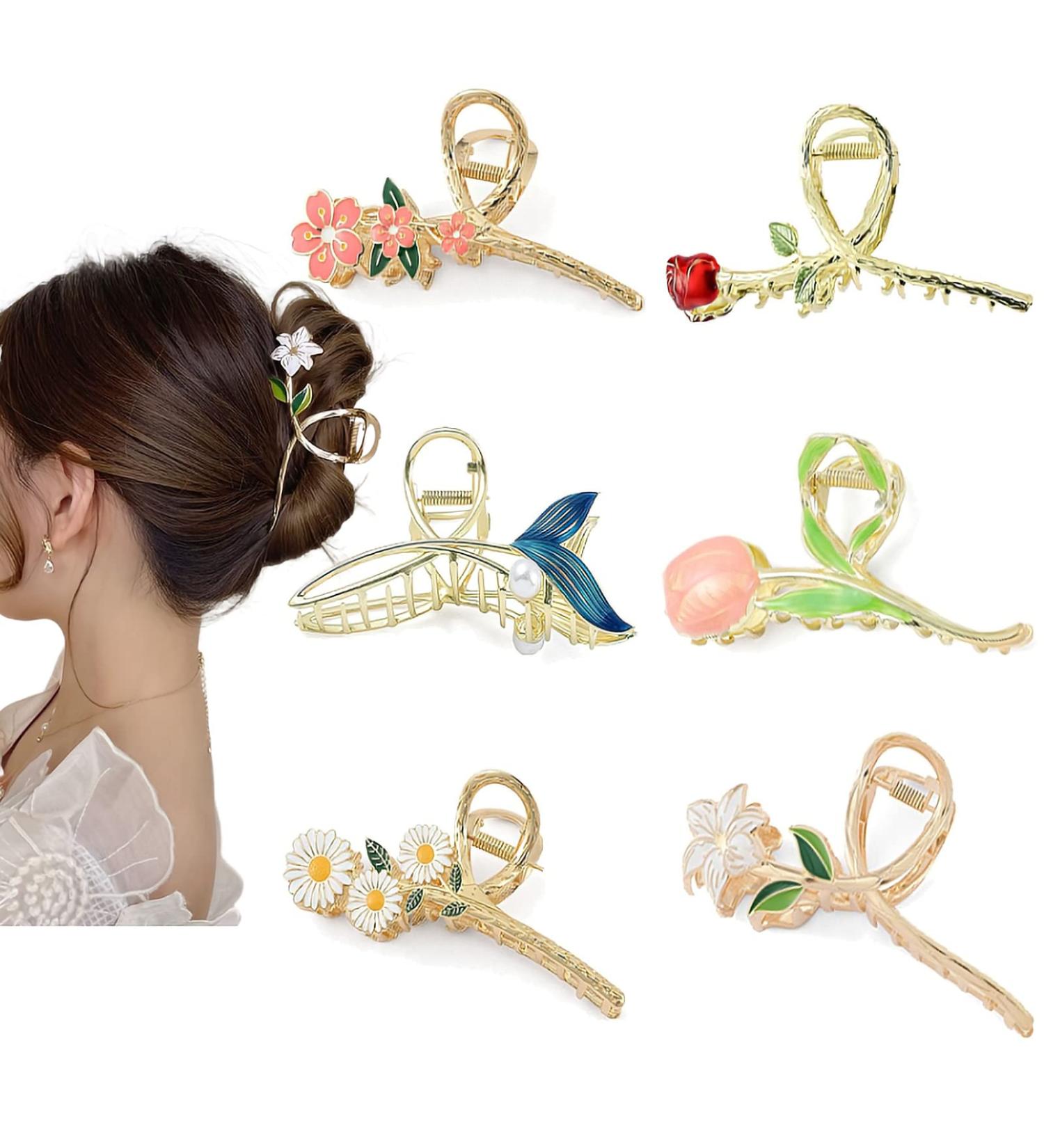 ORGUNE Large Cute Metal Flower Claw Hair Clips - Set of 6 | Nonslip Gold Hair Clip for Strong Hold | Fashion Accessories for Women and Girls with Thick, Thin, Curly Hair - Buy Online on GoSupps.com