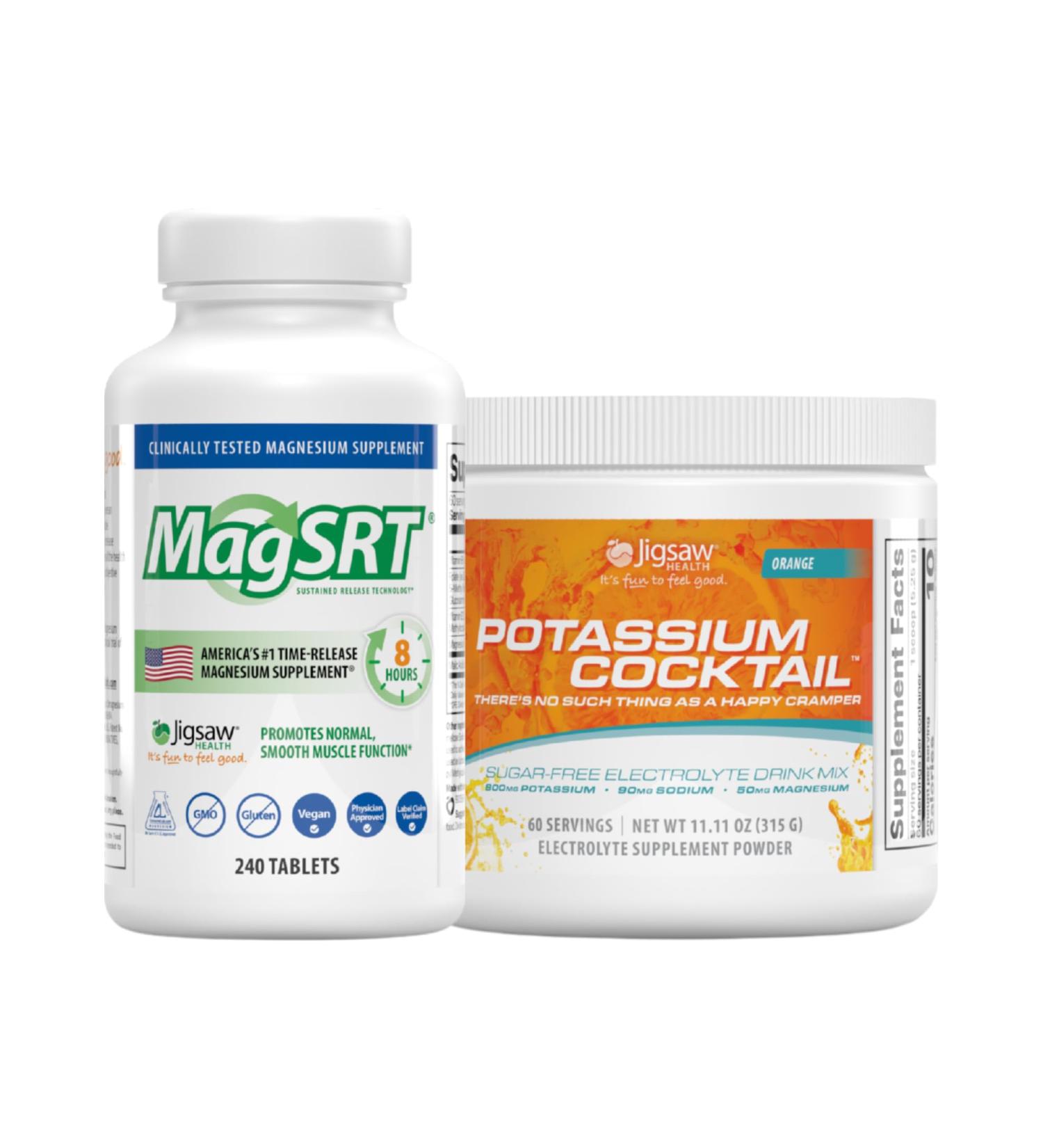 Jigsaw Health Bundle | MagSRT 240 Tablets and Potassium Cocktail (Orange) 60 Servings (Jar) - Buy Online on GoSupps.com