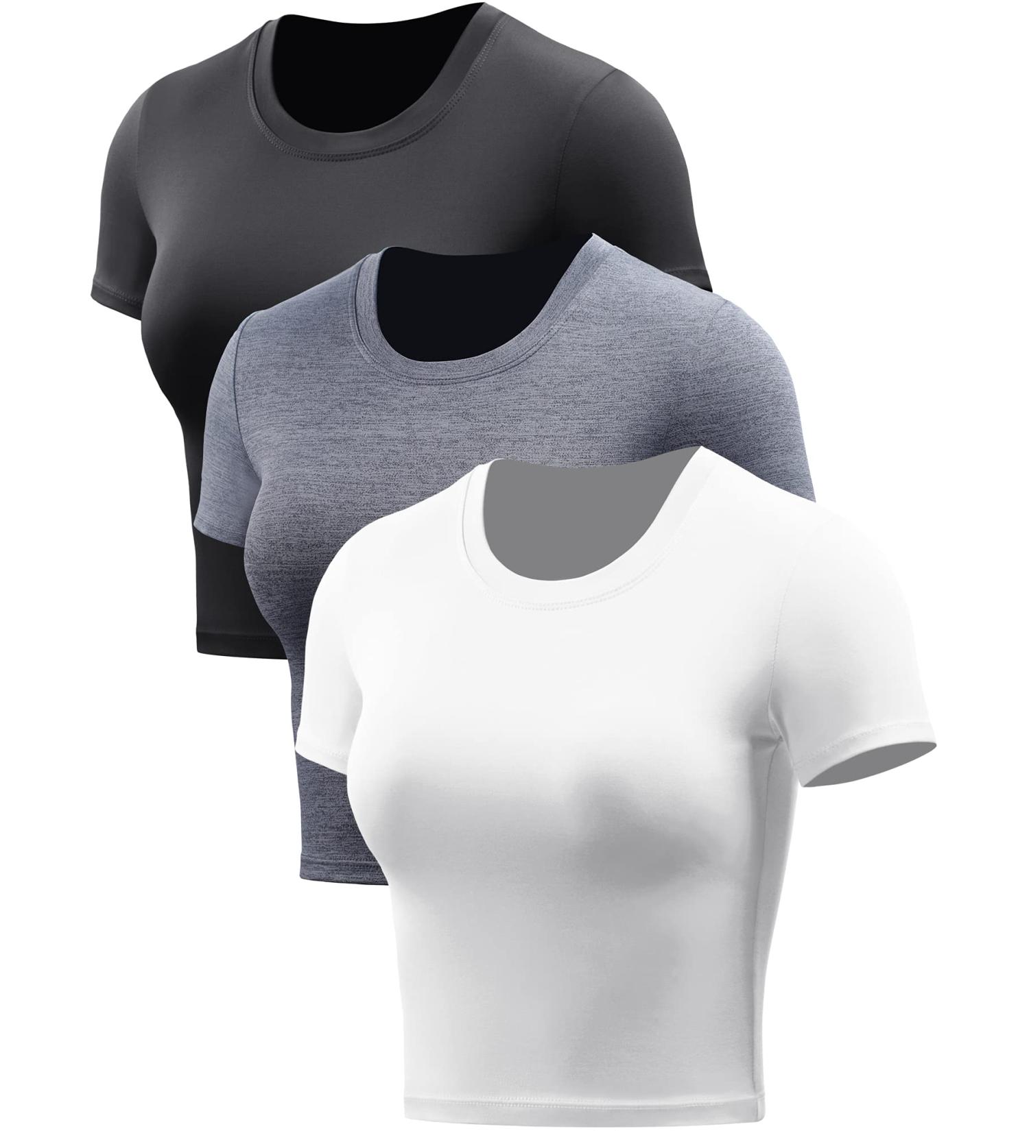 CADMUS Women's Workout Crop Tops 3-Pack - Racerback Dry Fit Athletic Shirts, Short Sleeve - Black/Grey/White - Size Small - Buy Online on GoSupps.com