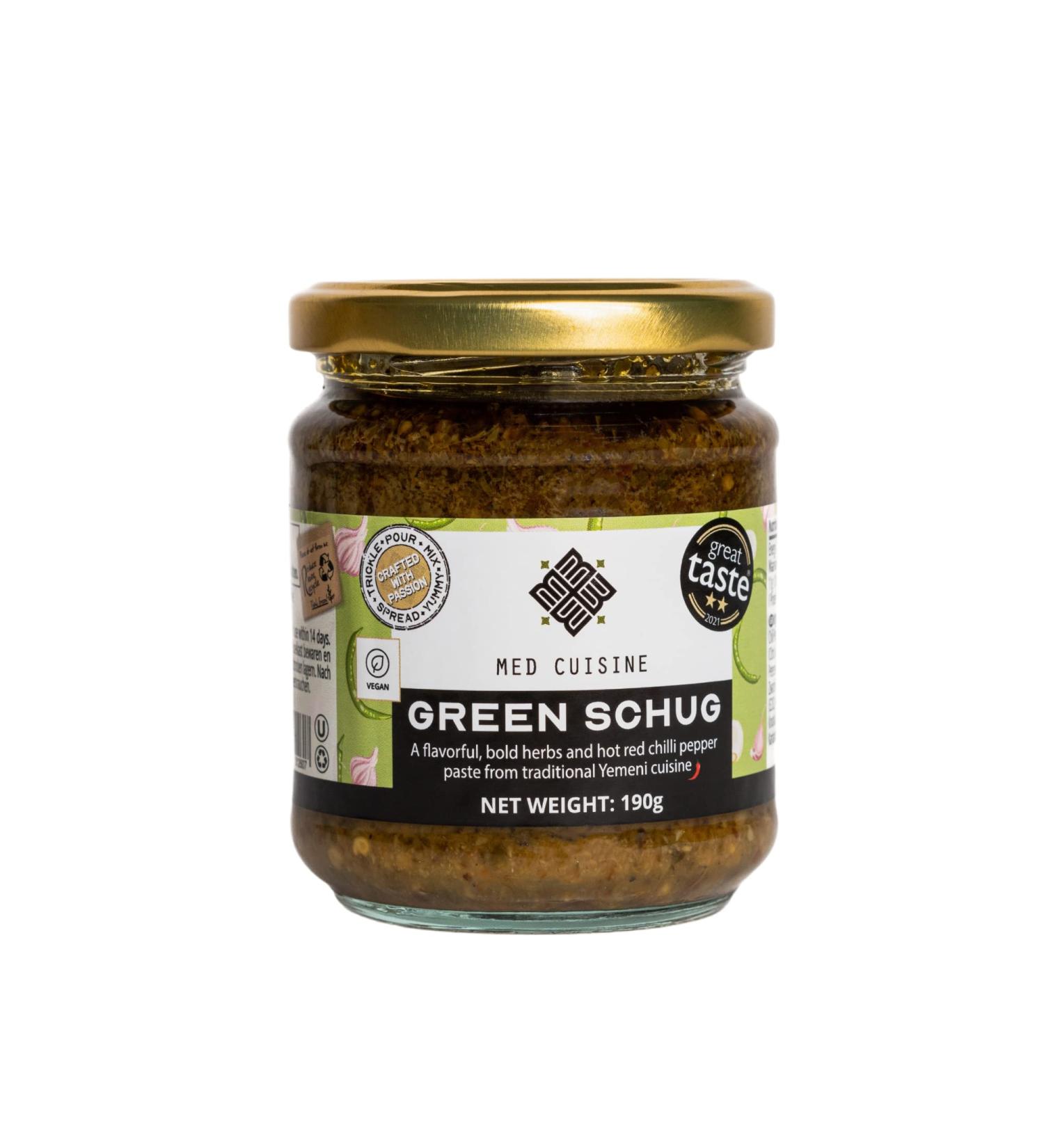 Med Cuisine Green Schug - 190g | Middle Eastern Herby Spicy Sauce - Vegan, Non GMO, Gluten-Free - Buy Online on GoSupps.com