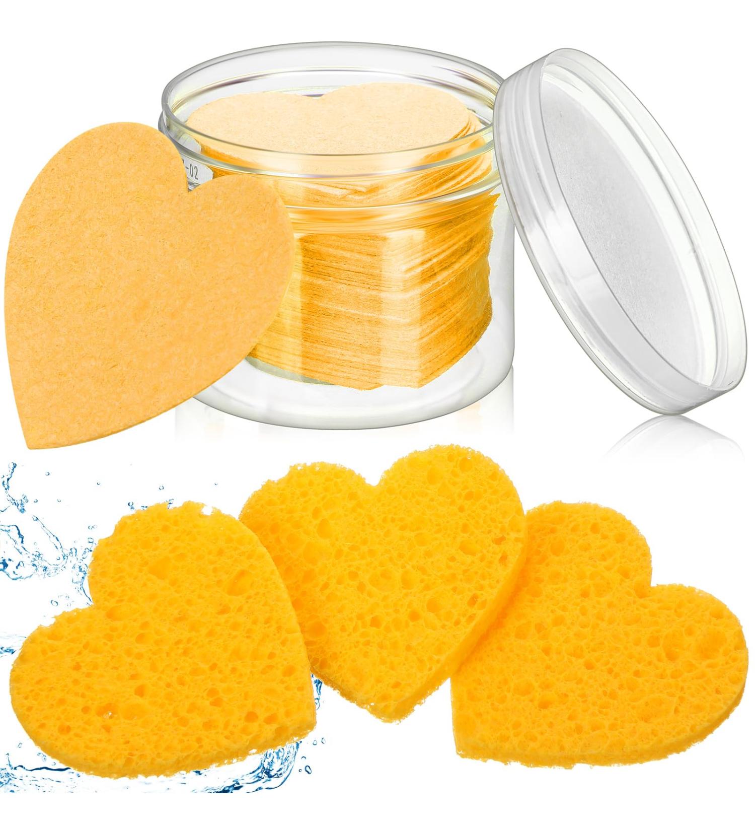 Nuenen 60 Pieces Facial Sponges with Container Heart Shape Compressed Face Sponge Natural Sponge Pads for Washing Face Cleansing Exfoliating Esthetician Makeup Removal (Yellow) - Buy Online on GoSupps.com