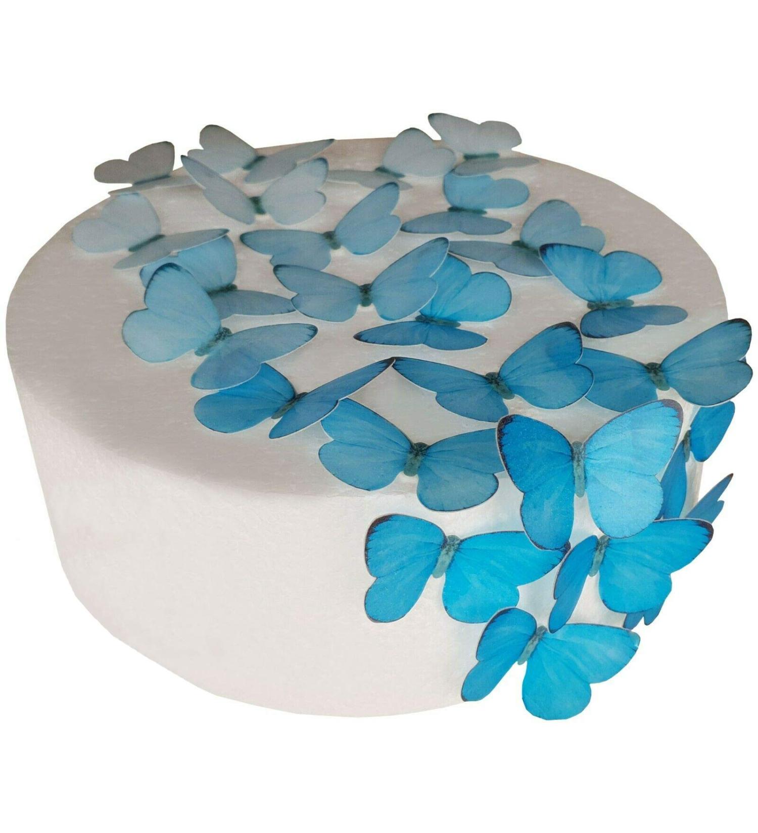 Pre-cut blue butterflies with color gradient edible rice/wafer paper for cupcakes cakes dessert birthday celebration wedding baby shower children's party decorations (blue)
