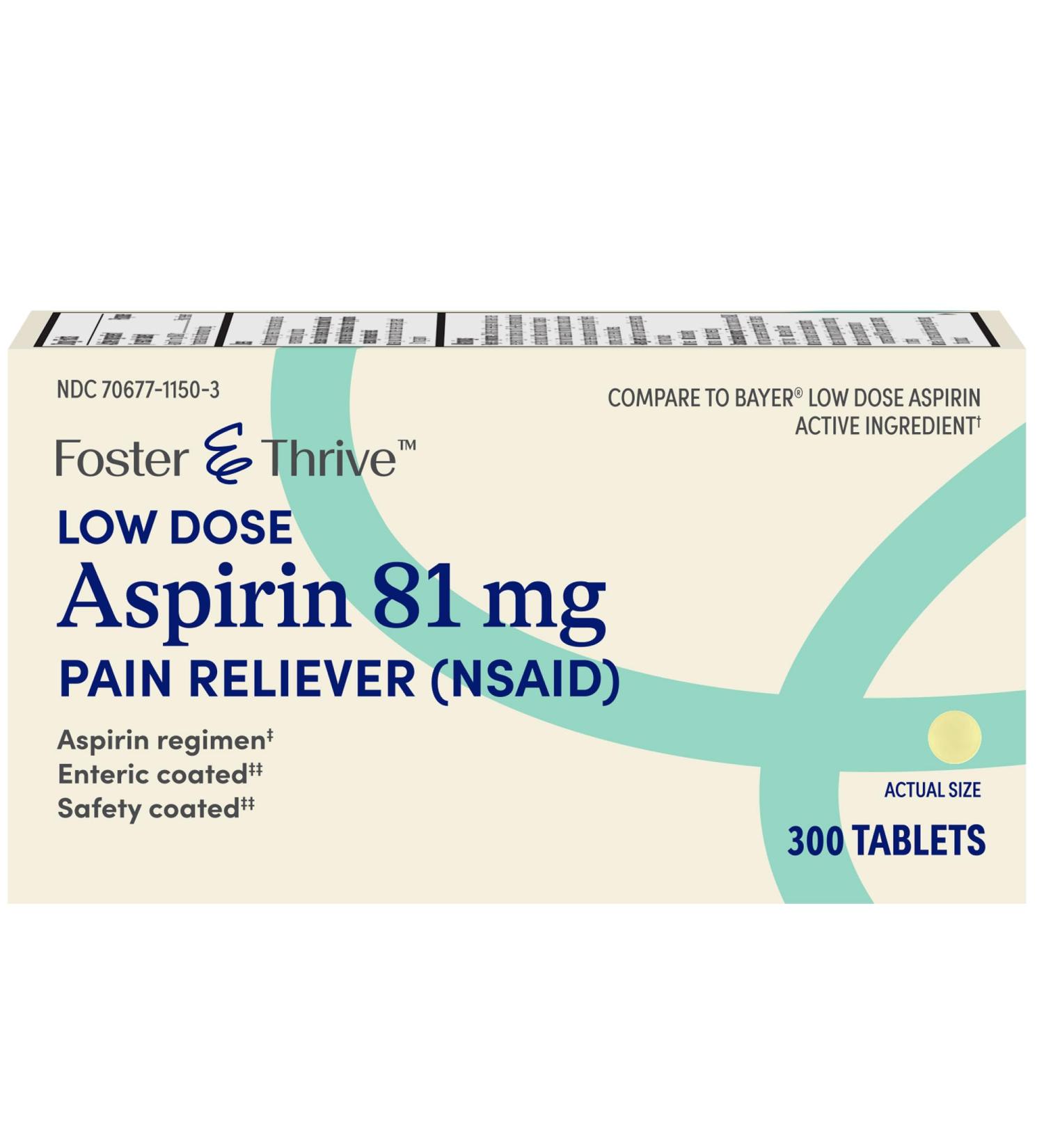 Foster & Thrive Aspirin Low Dose 81 mg Enteric Coated Tablets Doctor Recommended Secondary Prevention of Cardiovascular Disease 300 Coated Tablets