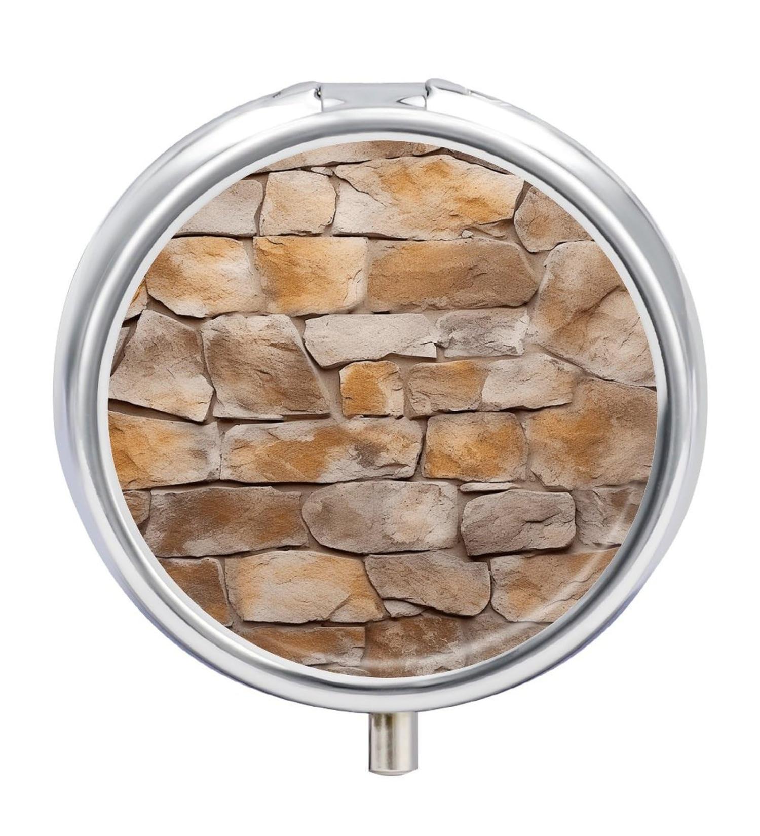 Round Pill Box Wall Texture Print | 3 Compartment Decorative Metal Pill Organizer | Portable Pocket Pill Case for Medicine - Buy Online on GoSupps.com