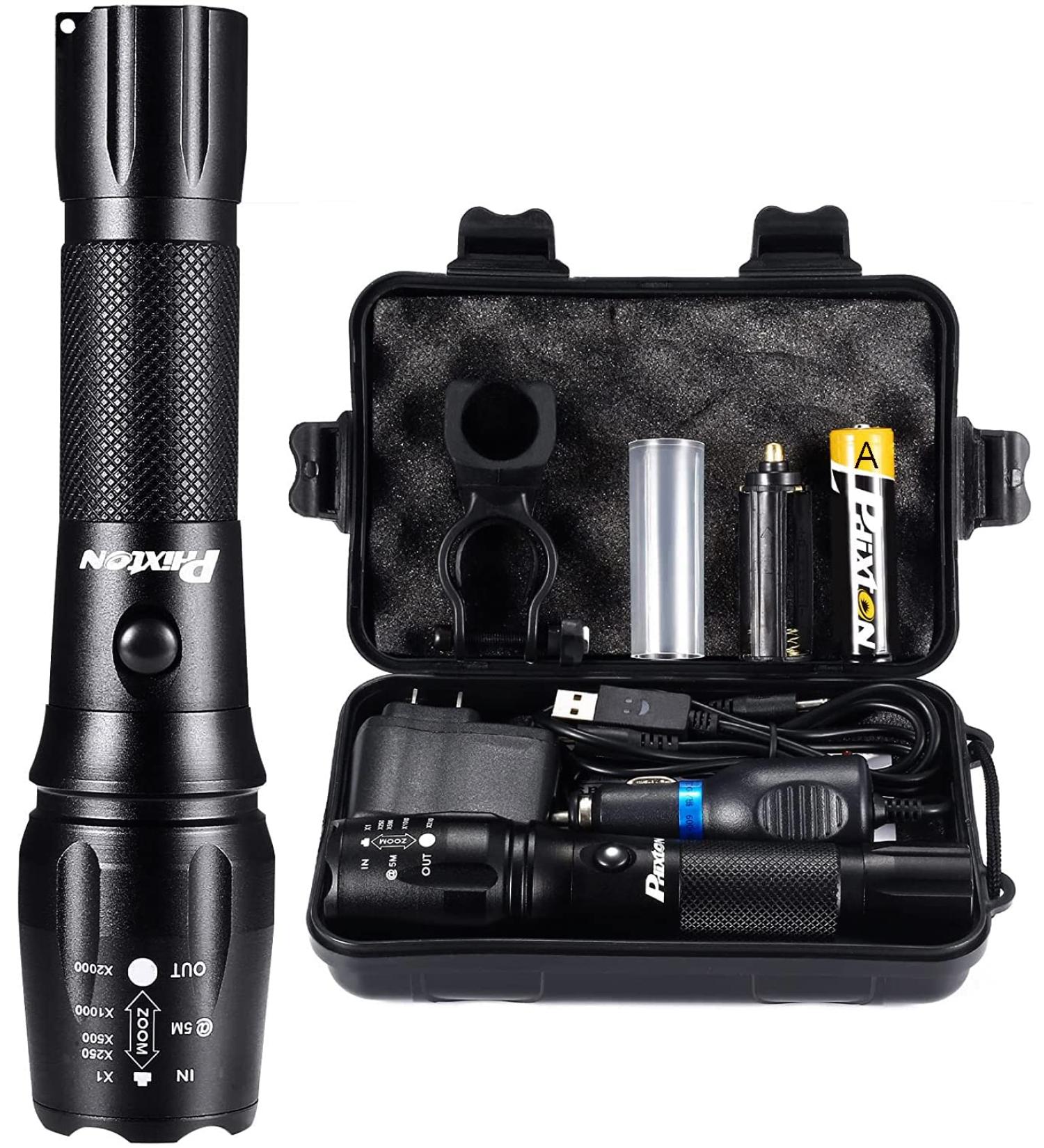PHIXTON Rechargeable Tactical Flashlight - 5000 Lumen Super Bright LED, Zoomable, Waterproof, Shockproof - Ideal for Camping and Emergencies (Black) - Buy Online on GoSupps.com