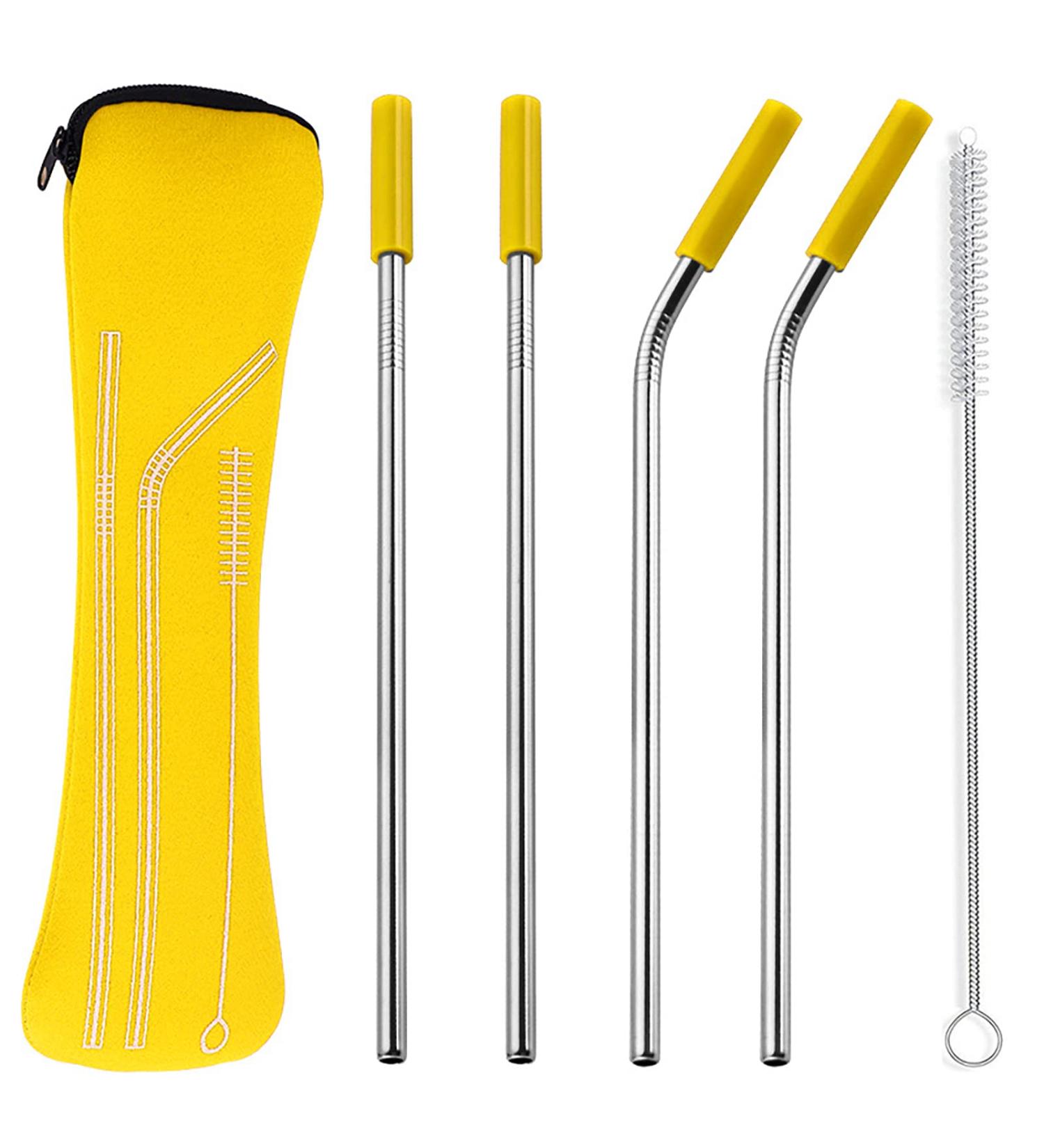 TMXAOK 5 Pieces Reusable Stainless Steel Drinking Straws with Zippered Bag 2 Straight Straws 2 Bent Straws 1 Cleaning Brush and 4 Silicone Tips for Smoothies Milkshakes Jumbo Drinks Yellow - Buy Online on GoSupps.com