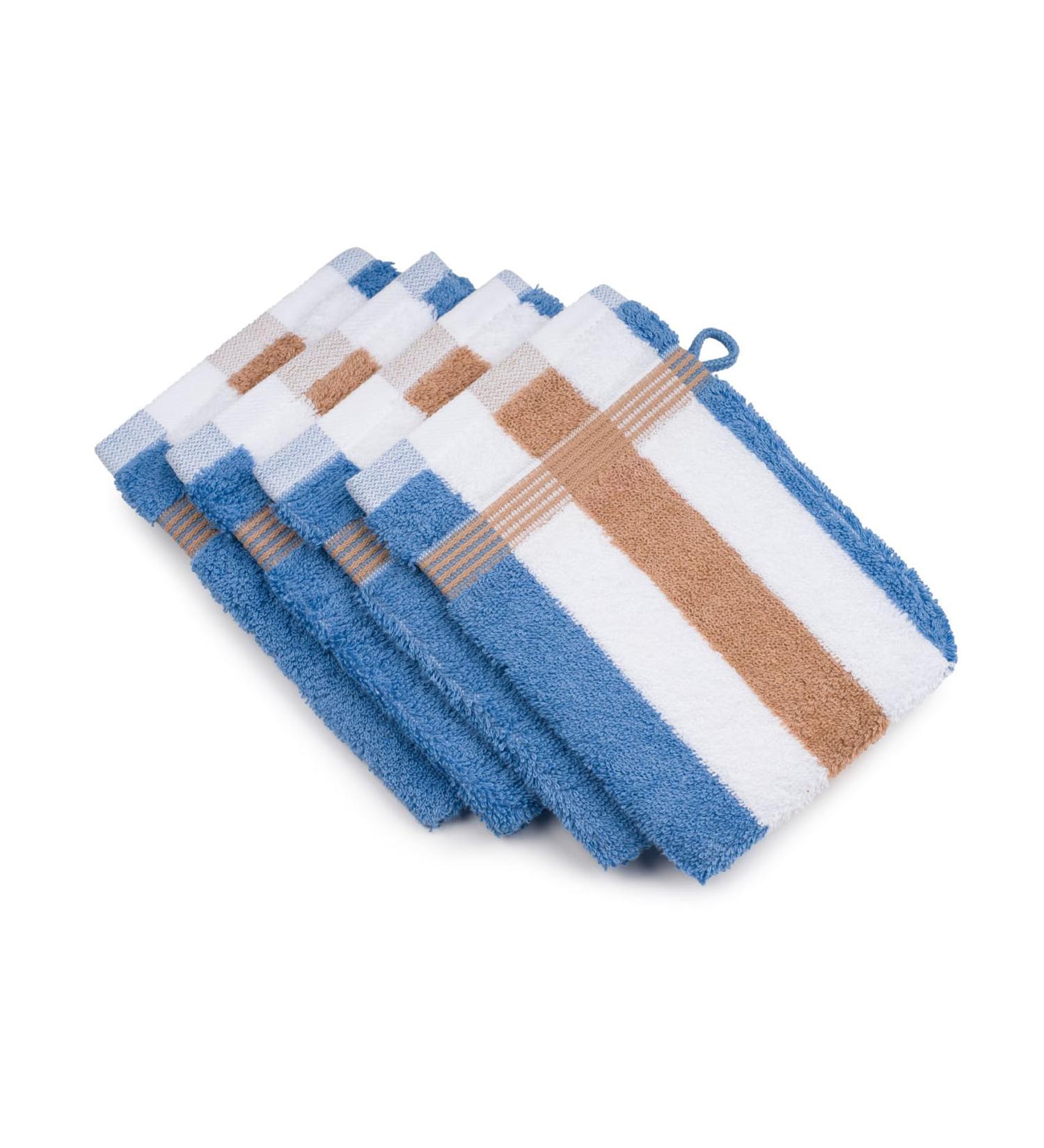 Gezzze - New York stripes wash gloves 4 -Set soft and absorbent washcloth 100% cotton 17 x 24 cm - chestnut/white/fjord washing glove 4er set beige/white/blue