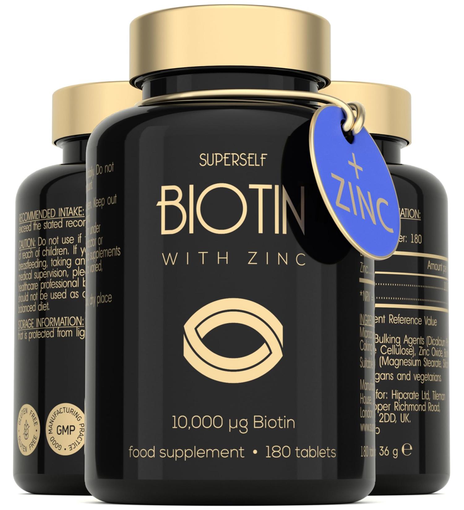 Biotin Hair Growth Tablets 10000mcg with Zinc - 180 Tablets for Hair, Skin, Nails - High Strength Biotin Supplements - UK Made - Buy Online on GoSupps.com