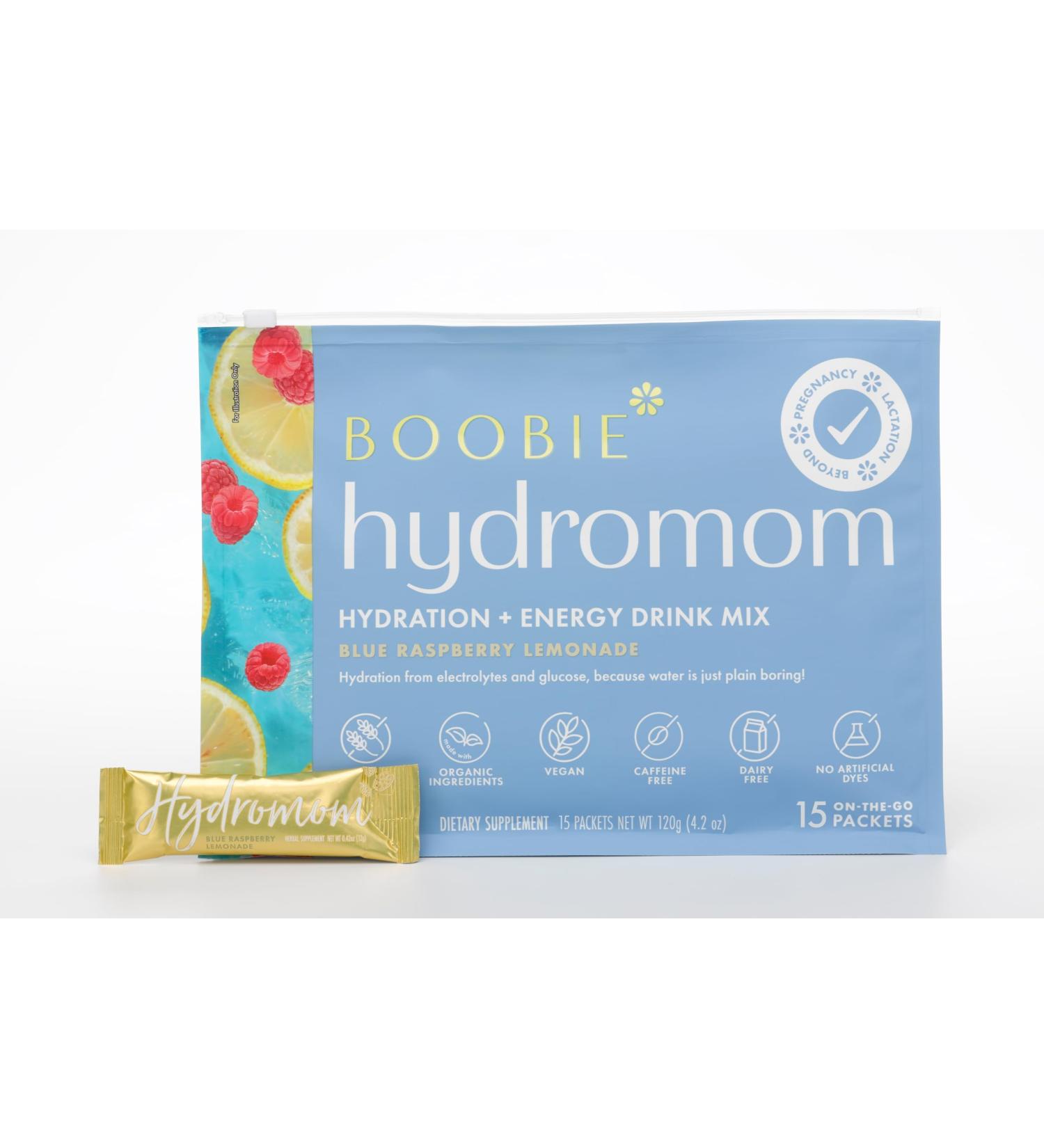 Boobie Hydromom Superfood Electrolyte Drink Mix Blue Raspberry Lemonade | Refreshing Energy & Hydration Boost for Mamas | On-The-Go & Travel Essentials for Pregnancy Lactation & Beyond 15 Packets Blue Raspberry Lemonade  - Buy Online on GoSupps.com