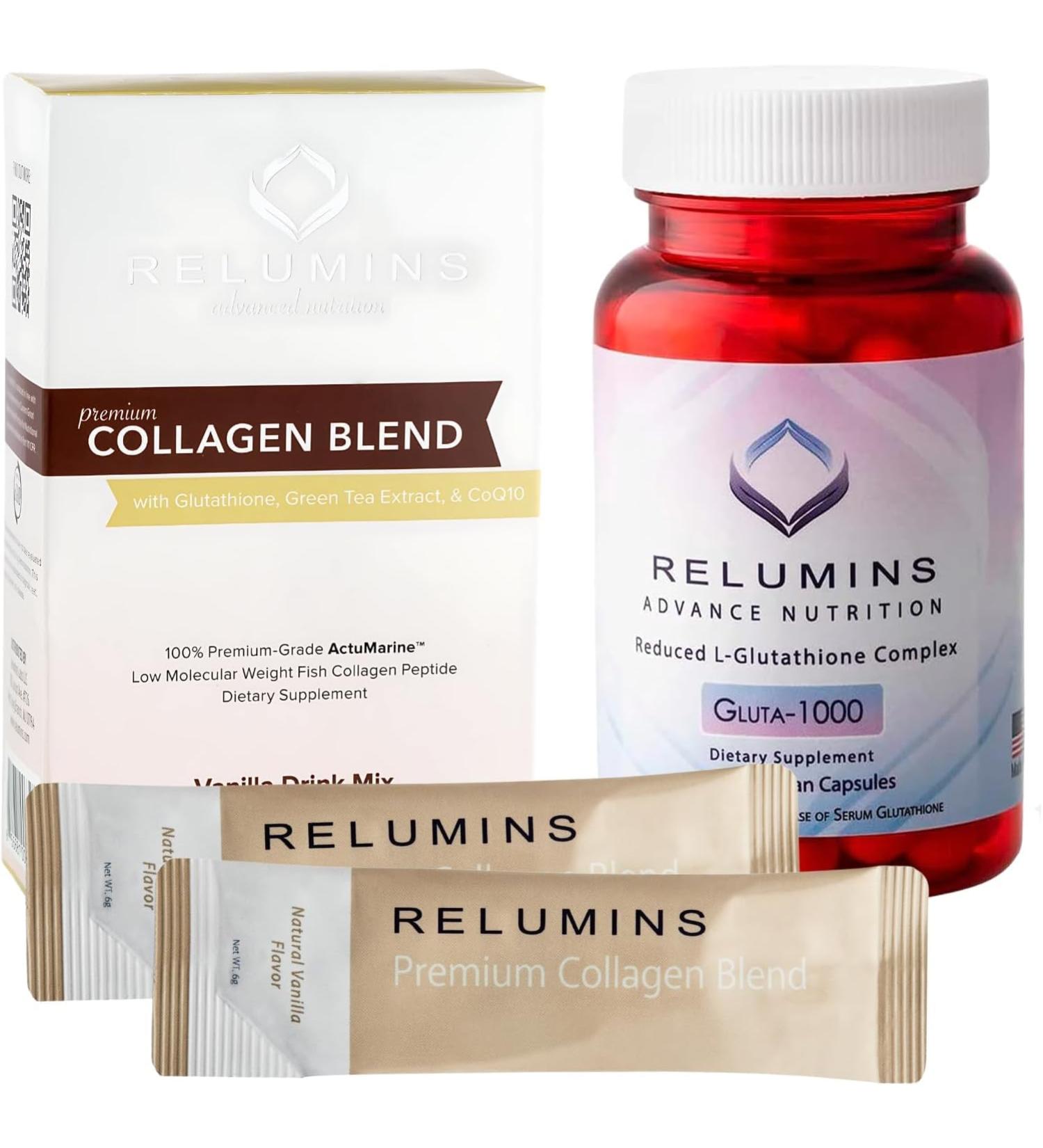 Relumins Premium Collagen Blend Vanilla Flavor 10 Sachets and Gluta 1000 Vegetarian Capsule Skin Support - Bundle - Buy Online on GoSupps.com