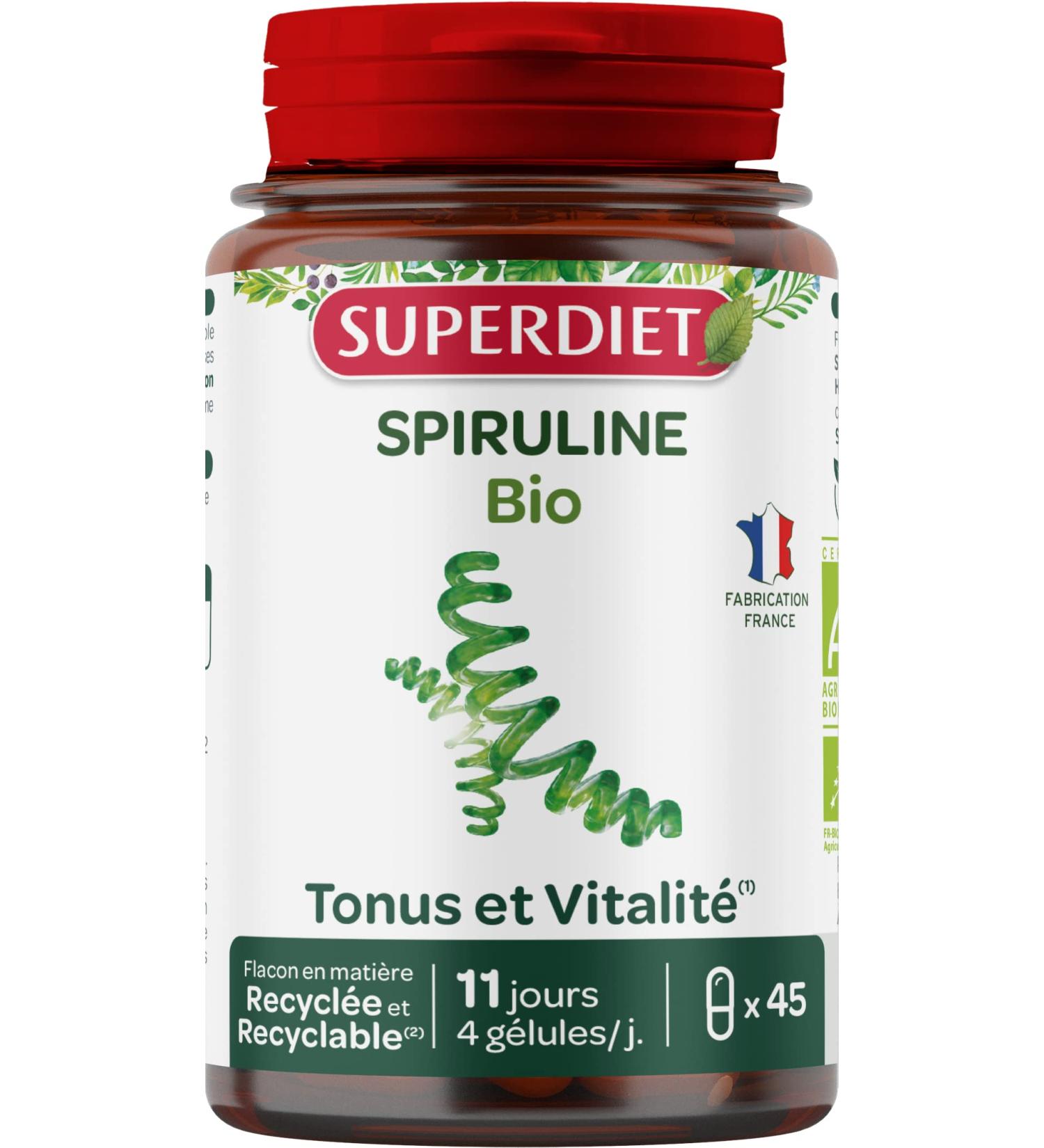 SUPERDIET - ORGANIC SPIRULINA - Tone Vitality Sports Recovery - Herbal Medicine - Made in France - 45 capsules - Buy Online on GoSupps.com