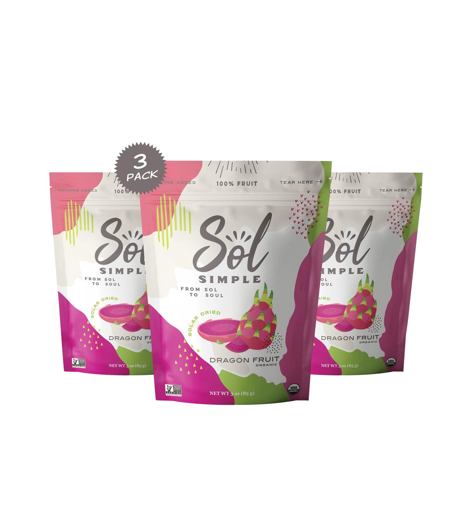 SOL SIMPLE Organic Dried Dragon Fruit Snack Pack - 3 Bags (3oz each) | Vegan, Non-GMO, No Added Sugar | Fair Trade Certified - Buy Online on GoSupps.com