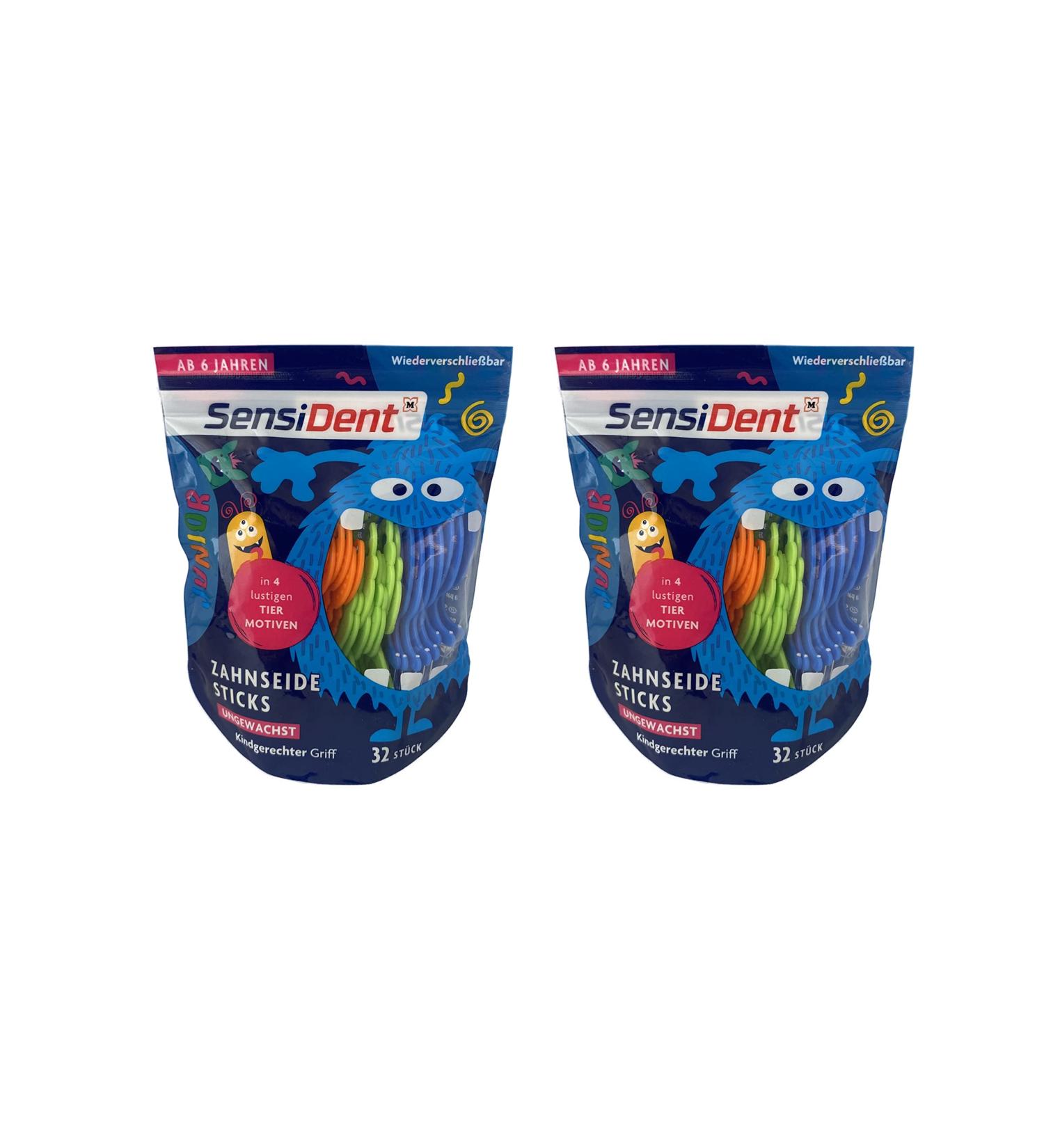 2x SensiDent dental floss for children * STICKS unwaxed * child-friendly 16 pieces from 6 years