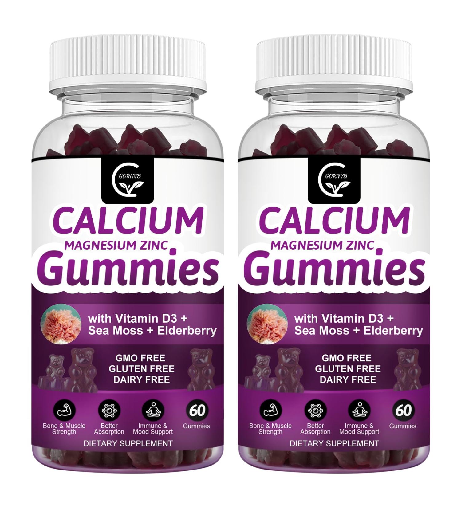 Calcium Magnesium Zinc Gummies with High Absorption Magnesium Glycinate 300mg Potassium - Plant Complex Calcium Magnesium 2:1 Ratio with D3 Sea Moss for Bone Immune & Sleep Support Vegan-2 Pack 60 Count (Pack of 2) - Buy Online on GoSupps.com