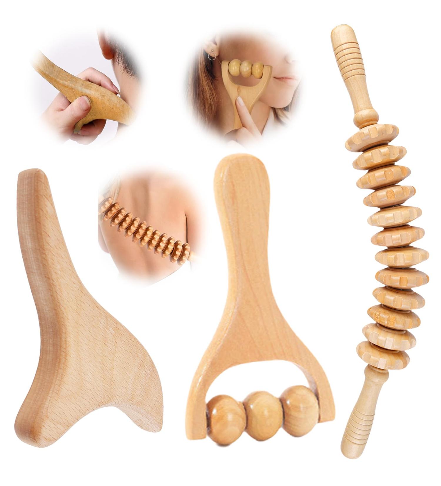 Toatelu 3-Piece Wooden Massage Roller Set | Fascia Roll Scooter with Handle & Gua Sha Tool for Neck Legs & Back Therapy - Buy Online on GoSupps.com