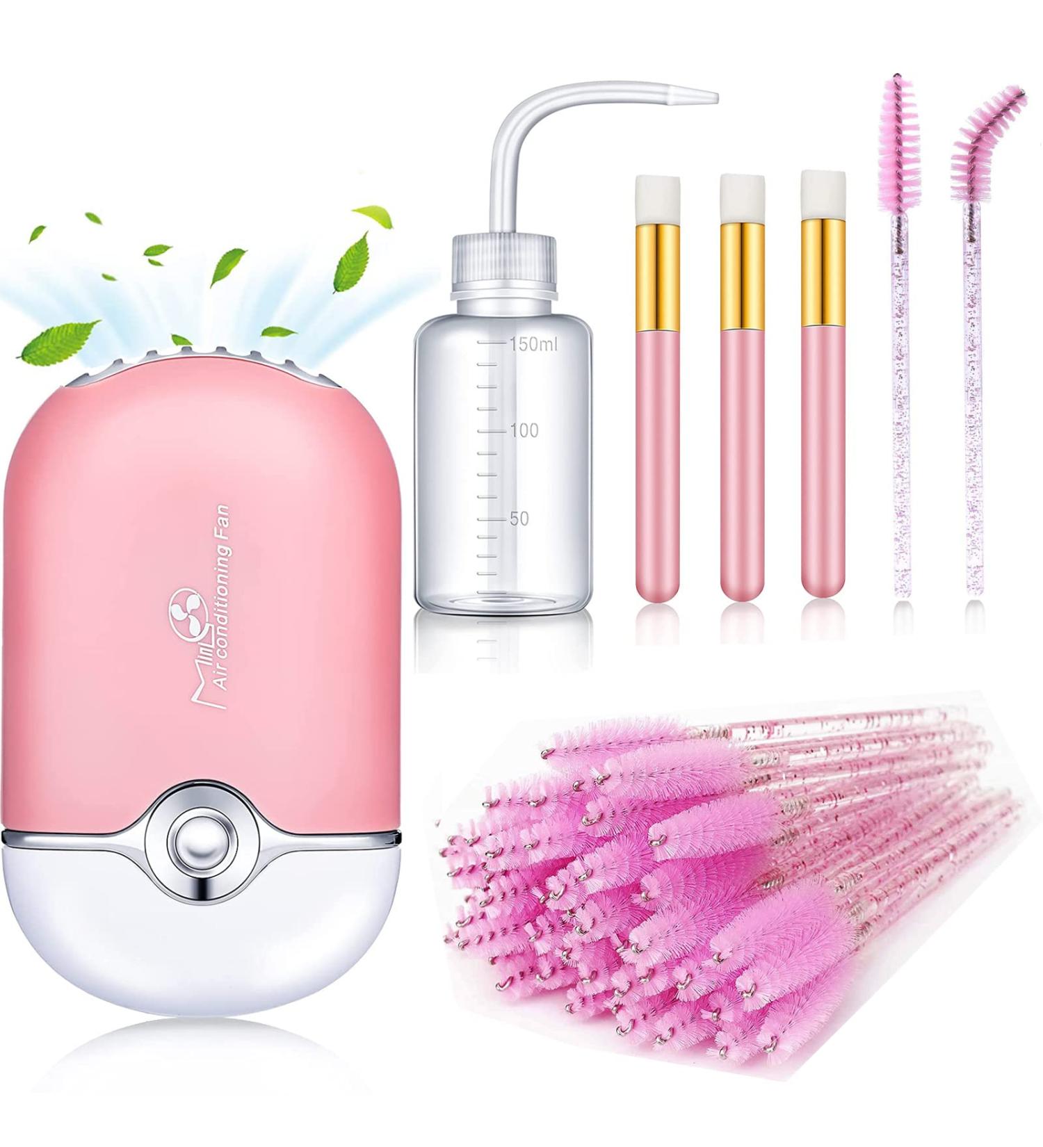 Lash Fan Shmian USB Mini Portable Lash Dryer with 50 Lash Shampoo Brush, Blackhead Facial Cleaning Brush, Plastic Wash Bottle - Pink - Buy Online on GoSupps.com