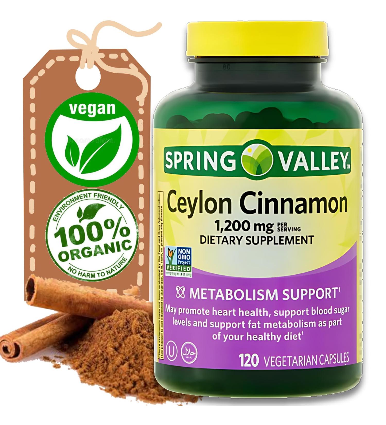 THREE PEBBLES Organic Ceylon Cinnamon Vegetarian Capsules - 120 Count Spring Valley