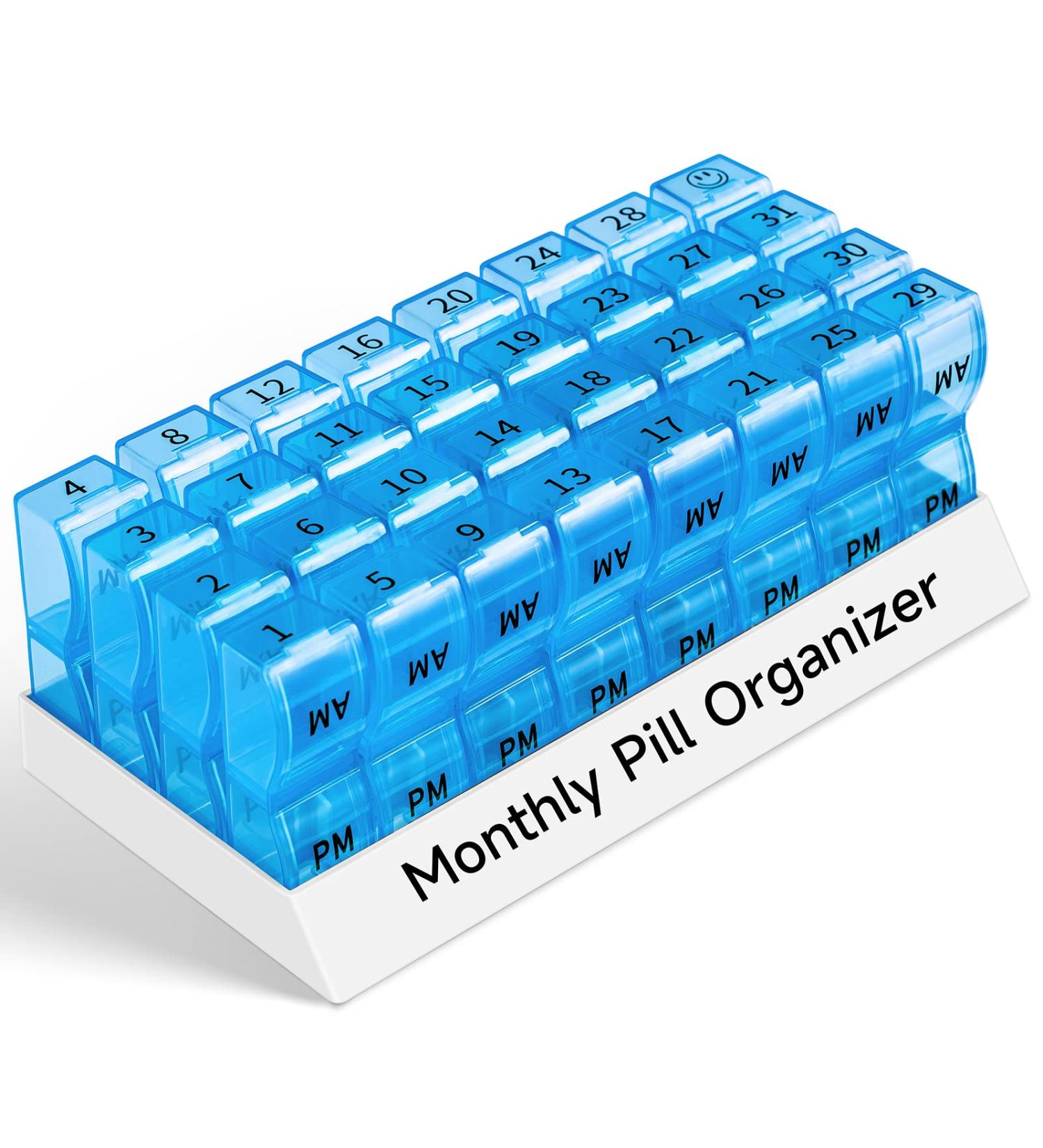 Monthly Pill Organizer 2x a Day | 30 Day AM PM Pill Box with Small Compartments | Travel Medicine Organizer (Blue) - Buy Online on GoSupps.com