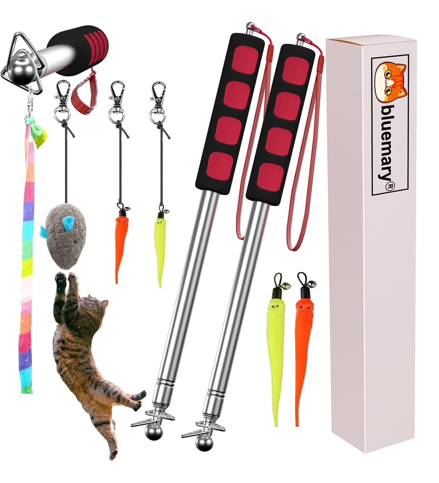 Bluemary Cat Feather Toy Set - 2 Retractable Wand Toys & 4 Rainbow String Teasers | Interactive Indoor Toys for Kittens & Cats - Buy Online on GoSupps.com