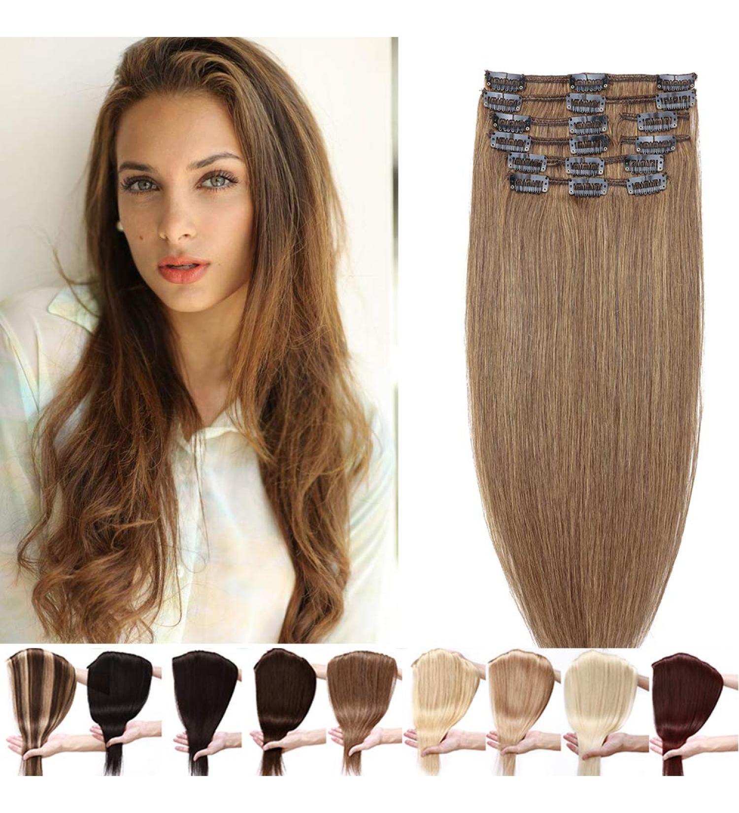 Clip-In Real Hair Extensions - 18 Clips 7A Remy Hair 55cm Soft & Smooth - Light Brown #06 - Buy Online on GoSupps.com