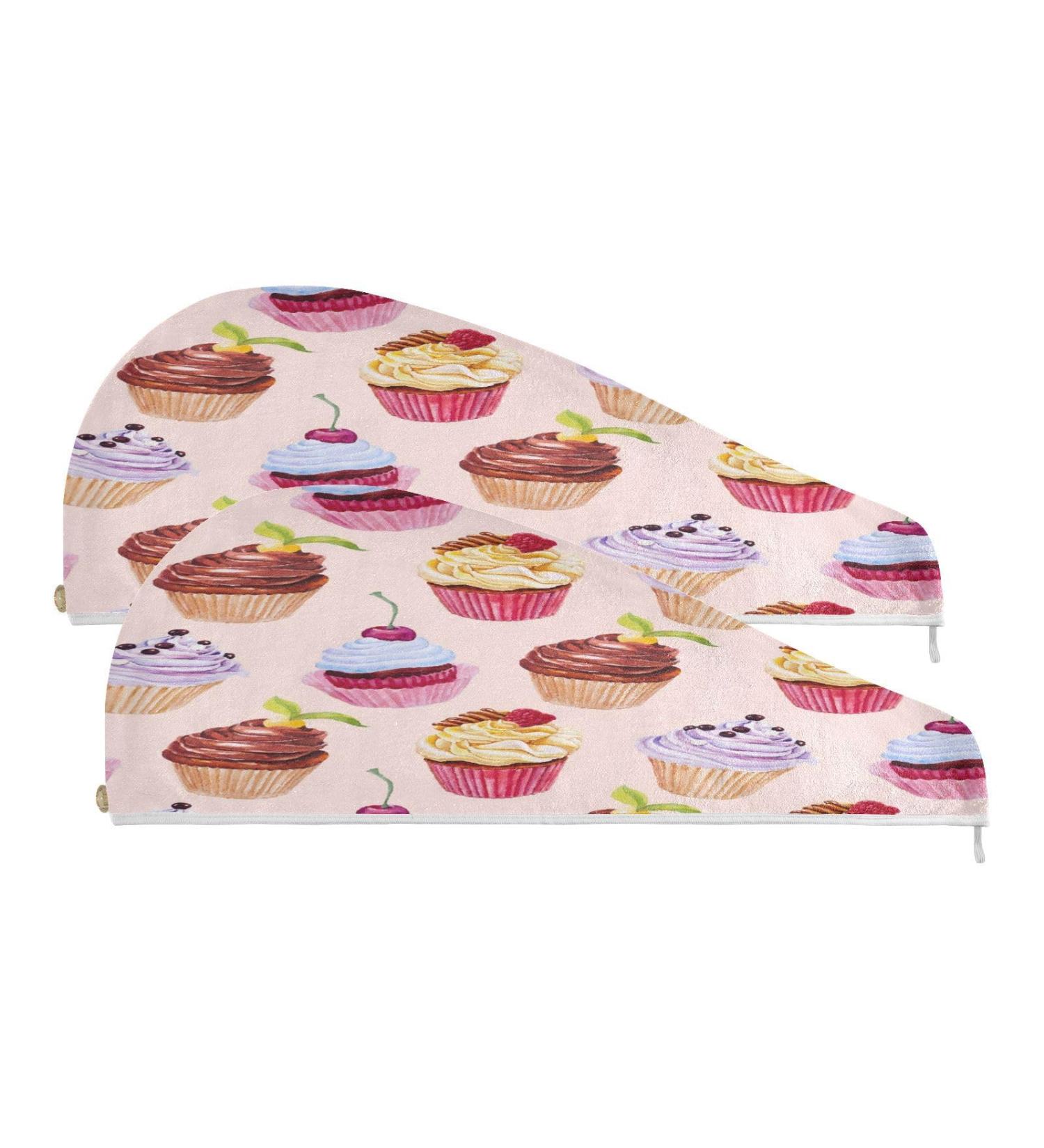 Buy Watercolor Cupcakes Dry Hair Cap & Quick Drying Towel Set | Super Absorbent 2-Piece Set with Button Headband - Soft & Comfortable for All Hair Types - Buy Online on GoSupps.com