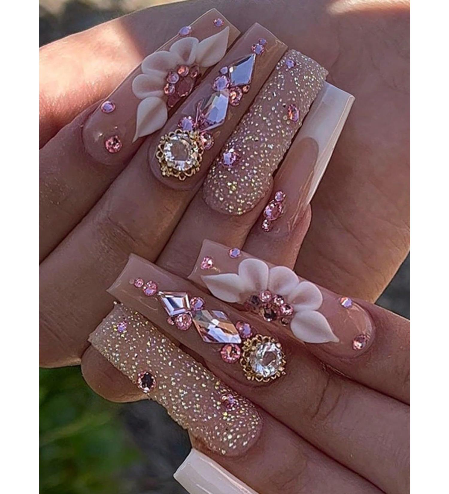 24pcs Gel Flowers Coffin Fake Nail Rhinestone Gel Flowers Press on Nails Trendy Gel Flowers Coffin Nails Luxurious Nails Acrylic Nails Fake Nails For Women Girls - Buy Online on GoSupps.com