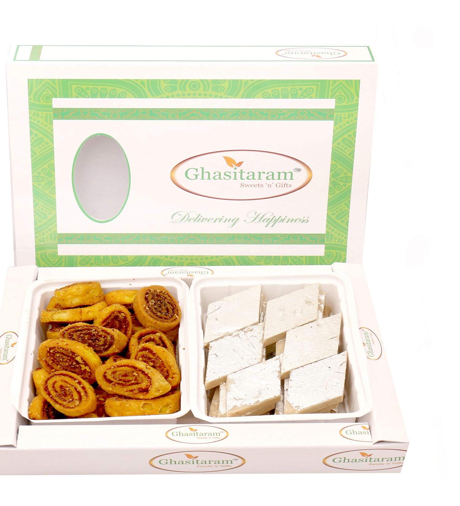 Ghasitaram Gifts Indian Sweets - Mithai Hampers - Bhakar Wadi and Kaju Katli Hamper - Buy Online on GoSupps.com