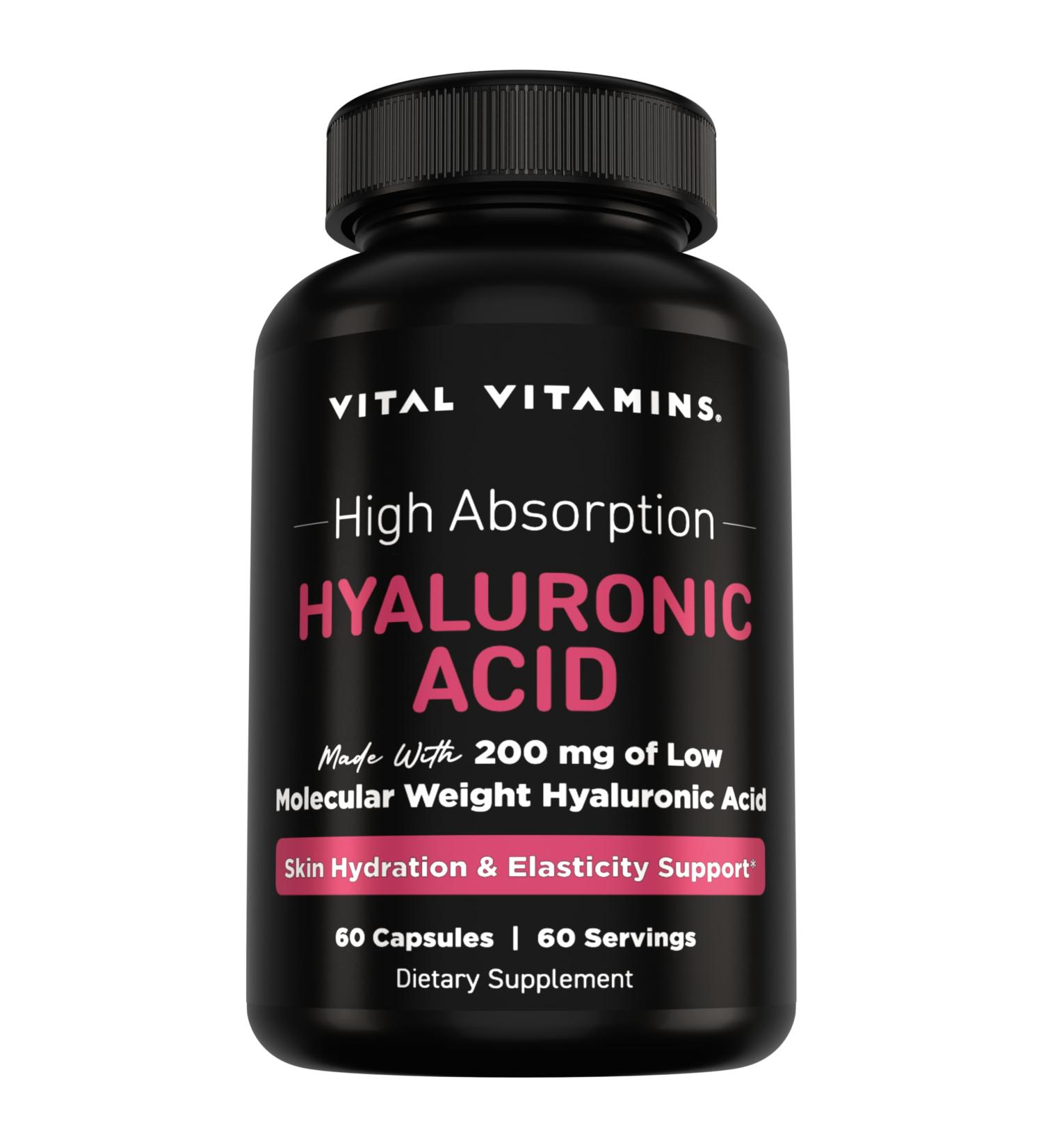 Vital Vitamins Hyaluronic Acid Supplements - Made with 200mg of Low Molecular Weight Hyaluronic Acid - Supports Skin Hydration & Elasticity from Within - 60 Capsules 60 Servings 60 Count (Pack of 1) - Buy Online on GoSupps.com