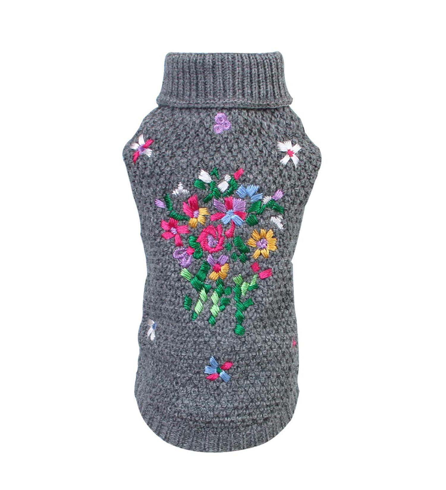 Petyoung Dog Sweater with Flower Embroidery - Soft Winter Clothing for Small & Medium Puppies - Warm Gray Sweater for Dogs - Buy Online on GoSupps.com