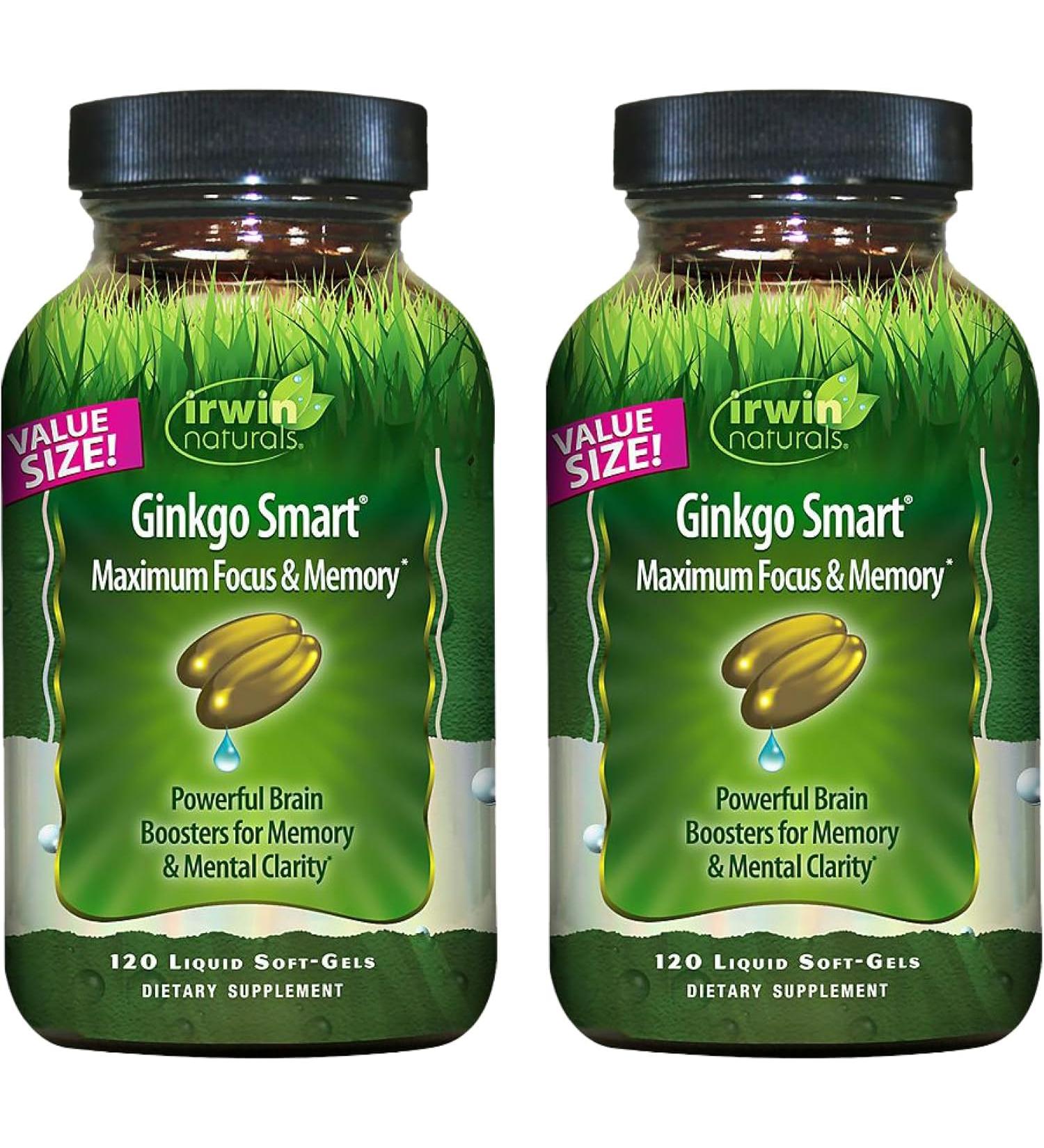 Irwin Naturals Ginkgo Smart Maximum Focus & Memory Brain Supplement with Ginkgo Biloba, Acetyl-L-Carnitine, DMAE Liquid Soft-Gels with BioPerine for Superior Absorption 120 Count (2 Pack) - Buy Online on GoSupps.com
