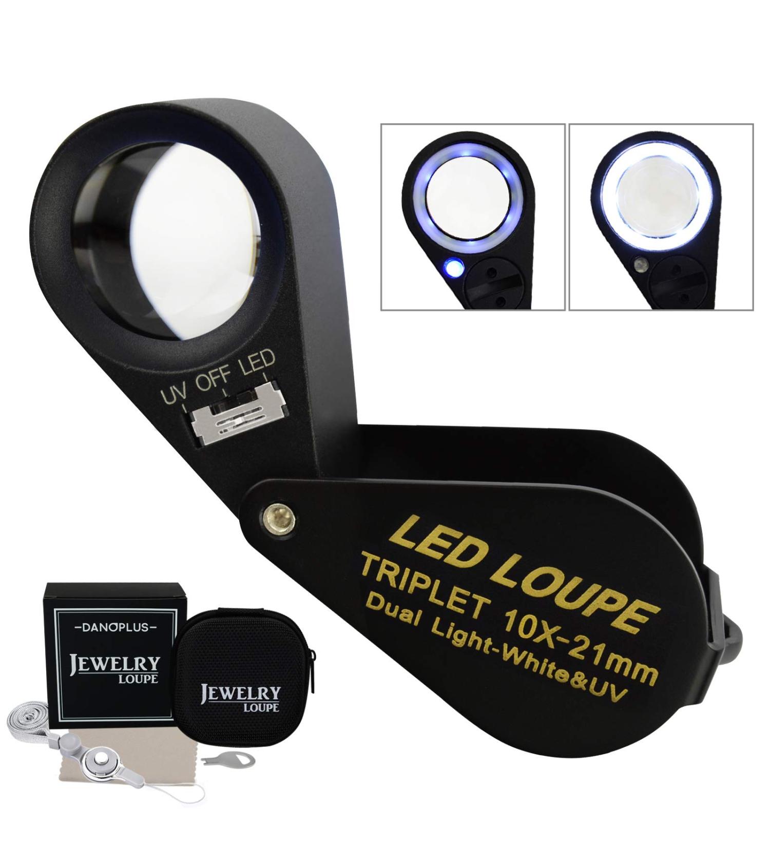 DANOPLUS 10x Magnifier Jewelry Loupe LED UV 21mm Triplet Lens - Gem Magnifying Tool for Jeweler, Stamp Philatelist, Coin Numismatic - Optical Glass Pocket Loupe with 10x Magnification Power - Buy Online on GoSupps.com