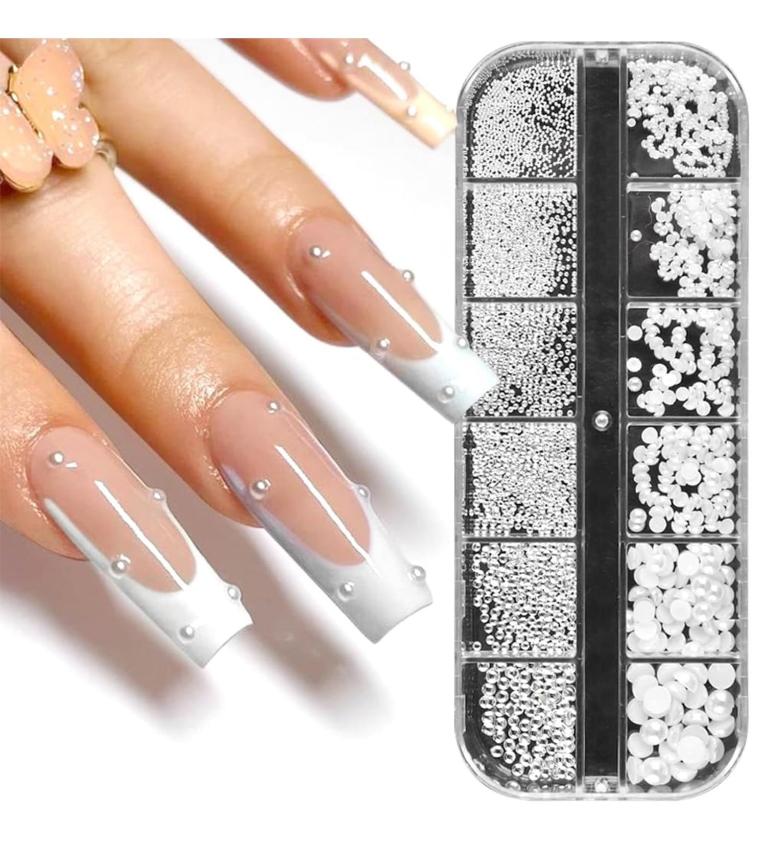 Rhinestones for Nails Nail Art Rhinestones White Pearls for Nails Semicircular Pearl Balls Nail Glitter Stainless Steel Beads Beads Sequins Acrylic Nail Decorations 1 Box/12 Grid - Buy Online on GoSupps.com