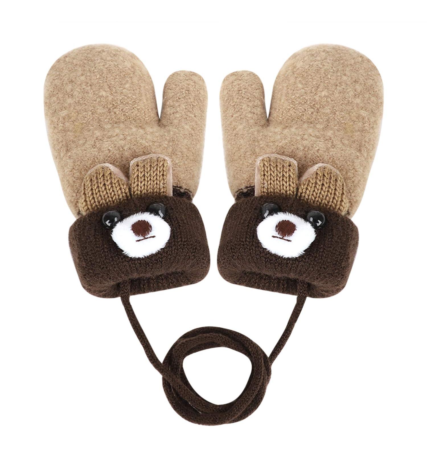 Toddler Kids Winter Warm Thick Plush Short Knitted Gloves With String for 1-3Yrs Beige/Bear - Buy Online on GoSupps.com