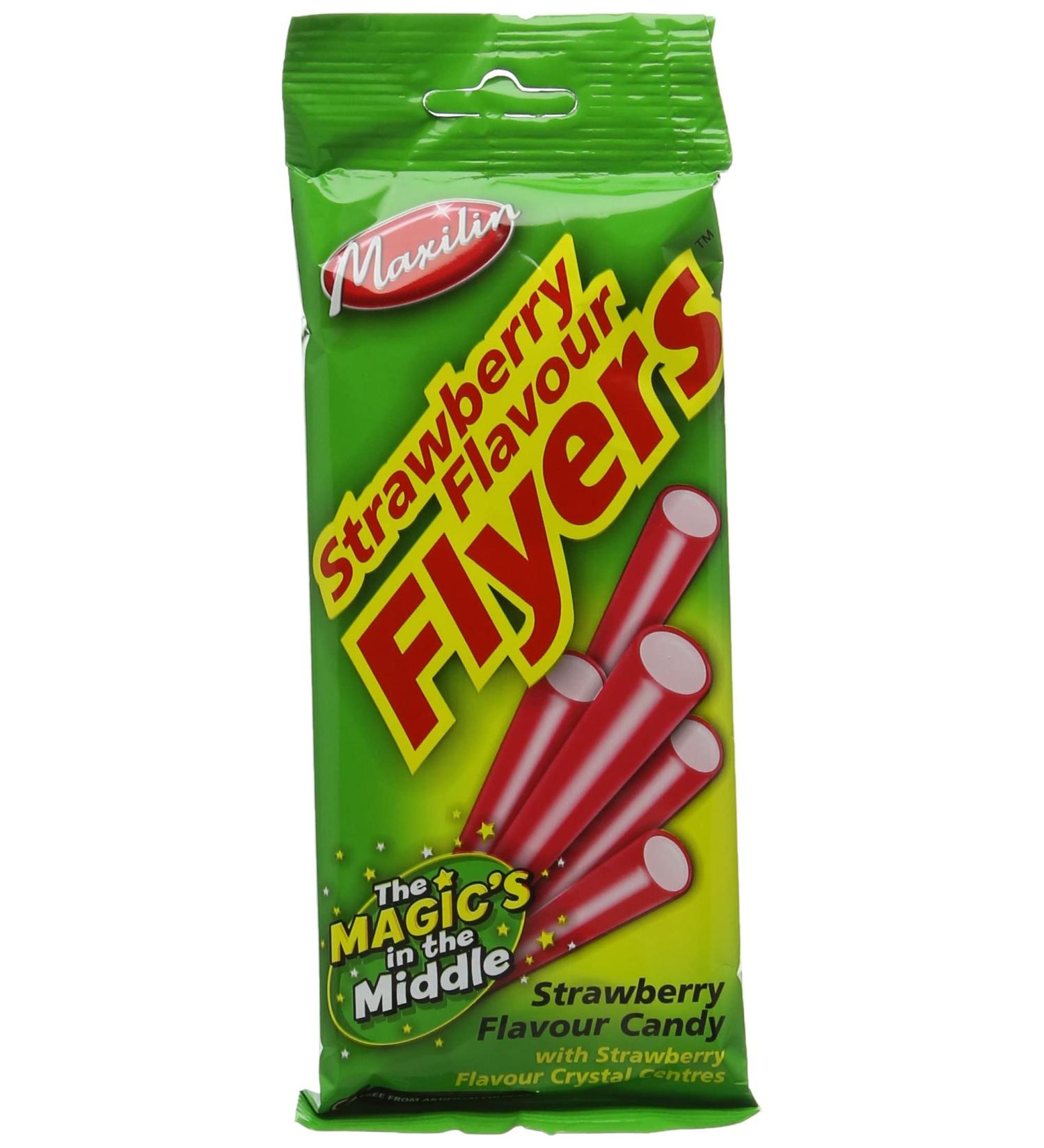 Maxilin Strawberry Liquorice Flyers - 90g Bag - Strawberry flavour candy with strawberry flavour crystal centres - Suitable for vegetarians & vegans