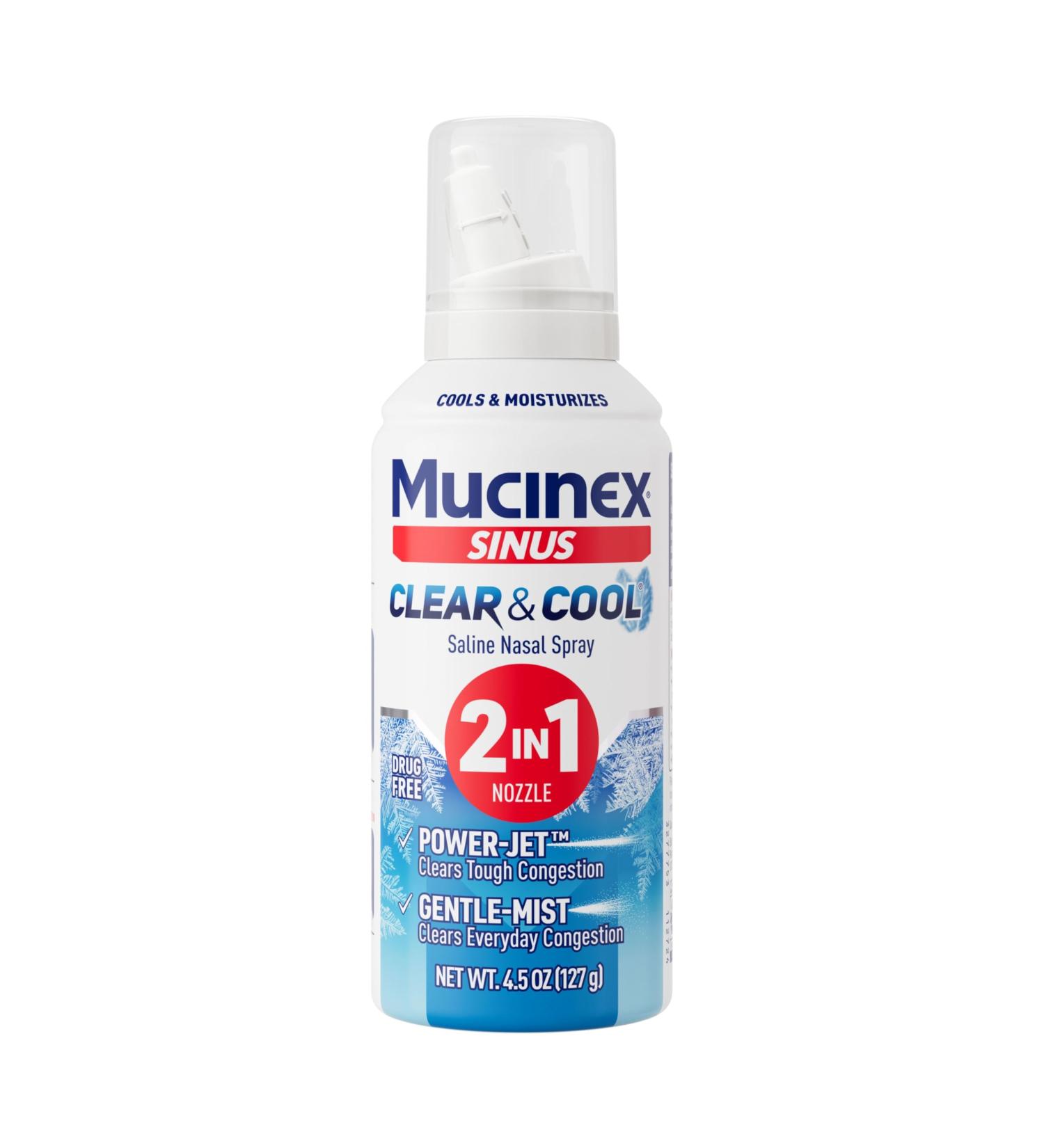 Mucinex Sinus Clear & Cool Saline Nasal Spray & Sinus Rinse with Aloe & Menthol Drug-Free Non-Drowsy Nasal Irrigation with 2-in-1 Jet + Mist Spray Nozzle for Cold & Allergy Season 4.5 oz 4.5 Ounce (Pack of 1) - Buy Online on GoSupps.com